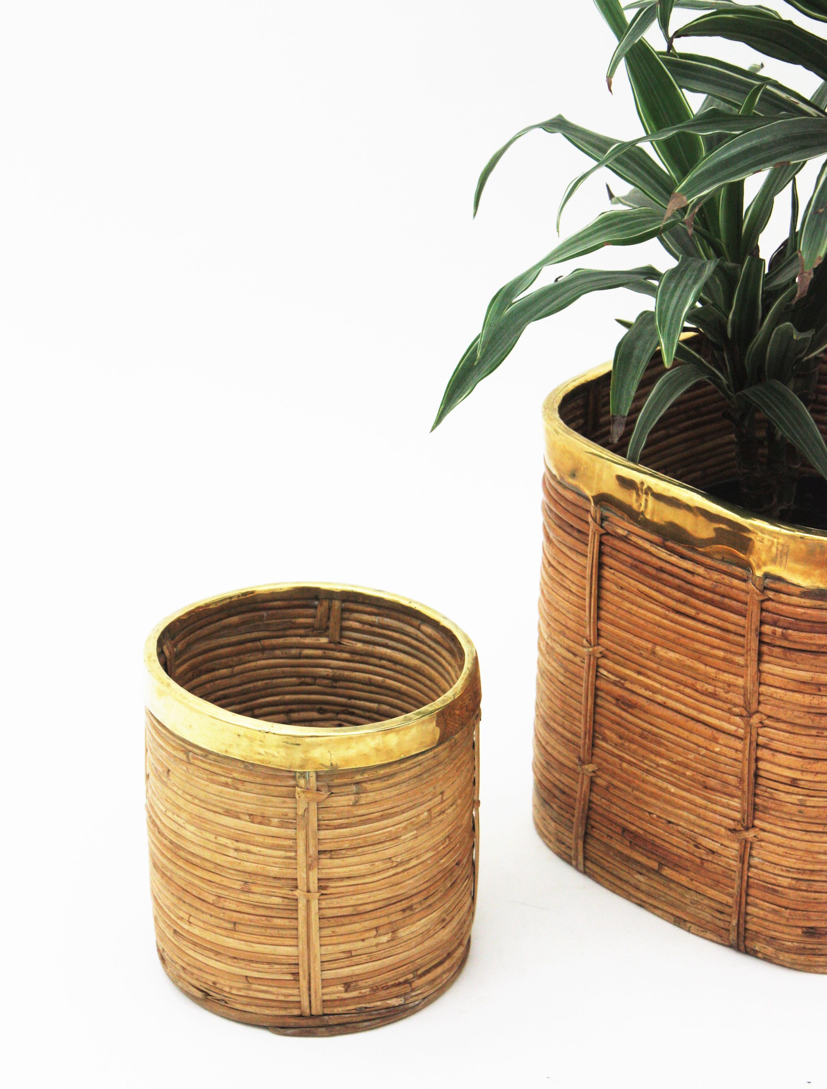 Three Rattan Bamboo Planters / Baskets with Brass Rim, Italy, 1970s For Sale 7