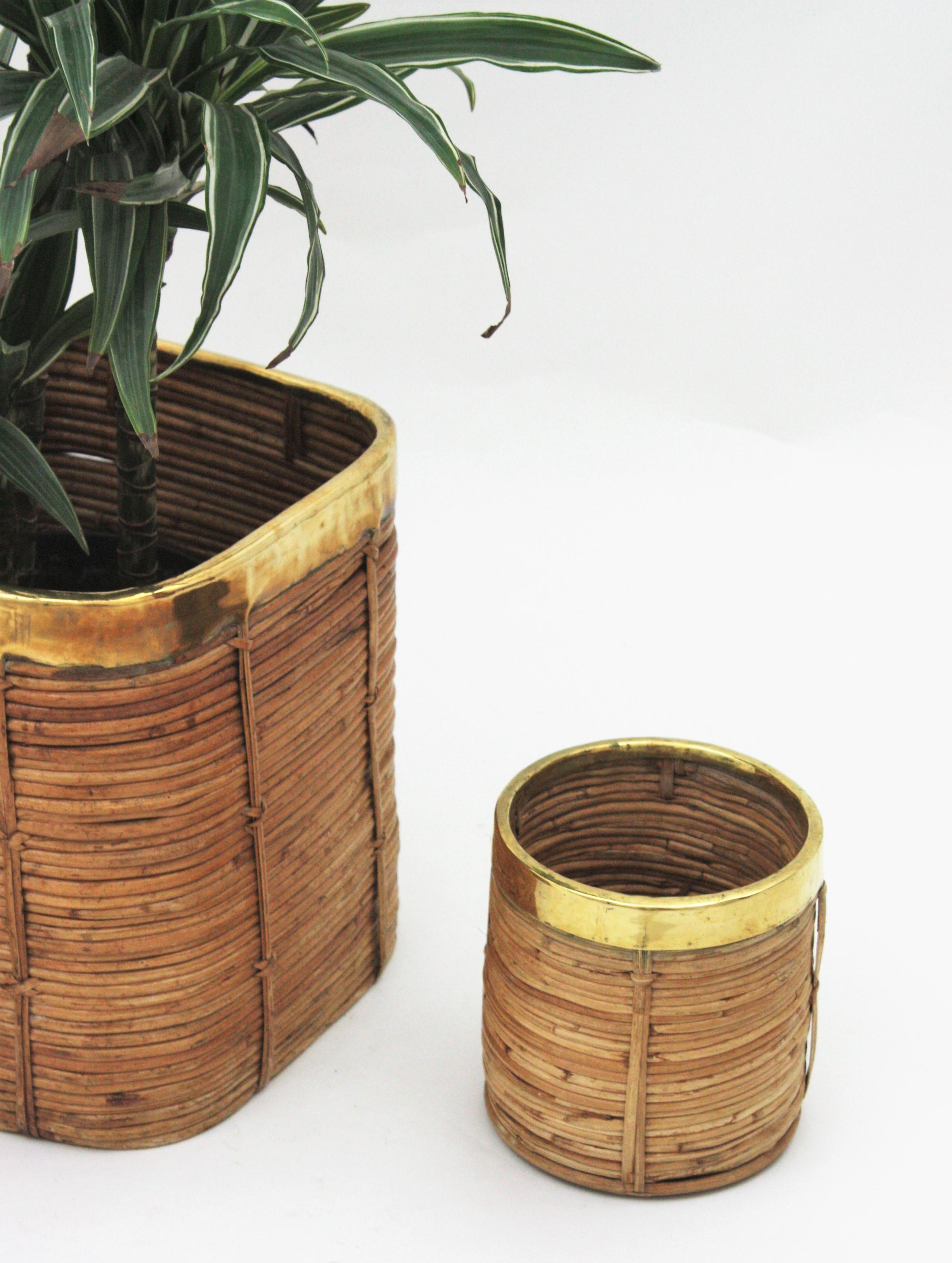 Three Rattan Bamboo Planters / Baskets with Brass Rim, Italy, 1970s For Sale 8