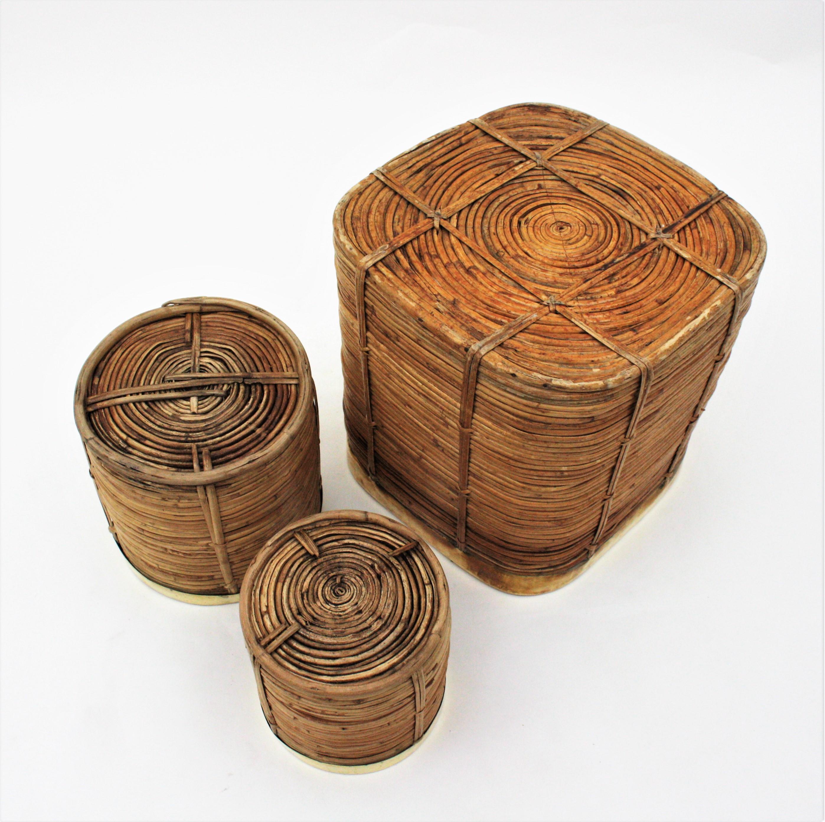 Three Rattan Bamboo Planters / Baskets with Brass Rim, Italy, 1970s For Sale 11