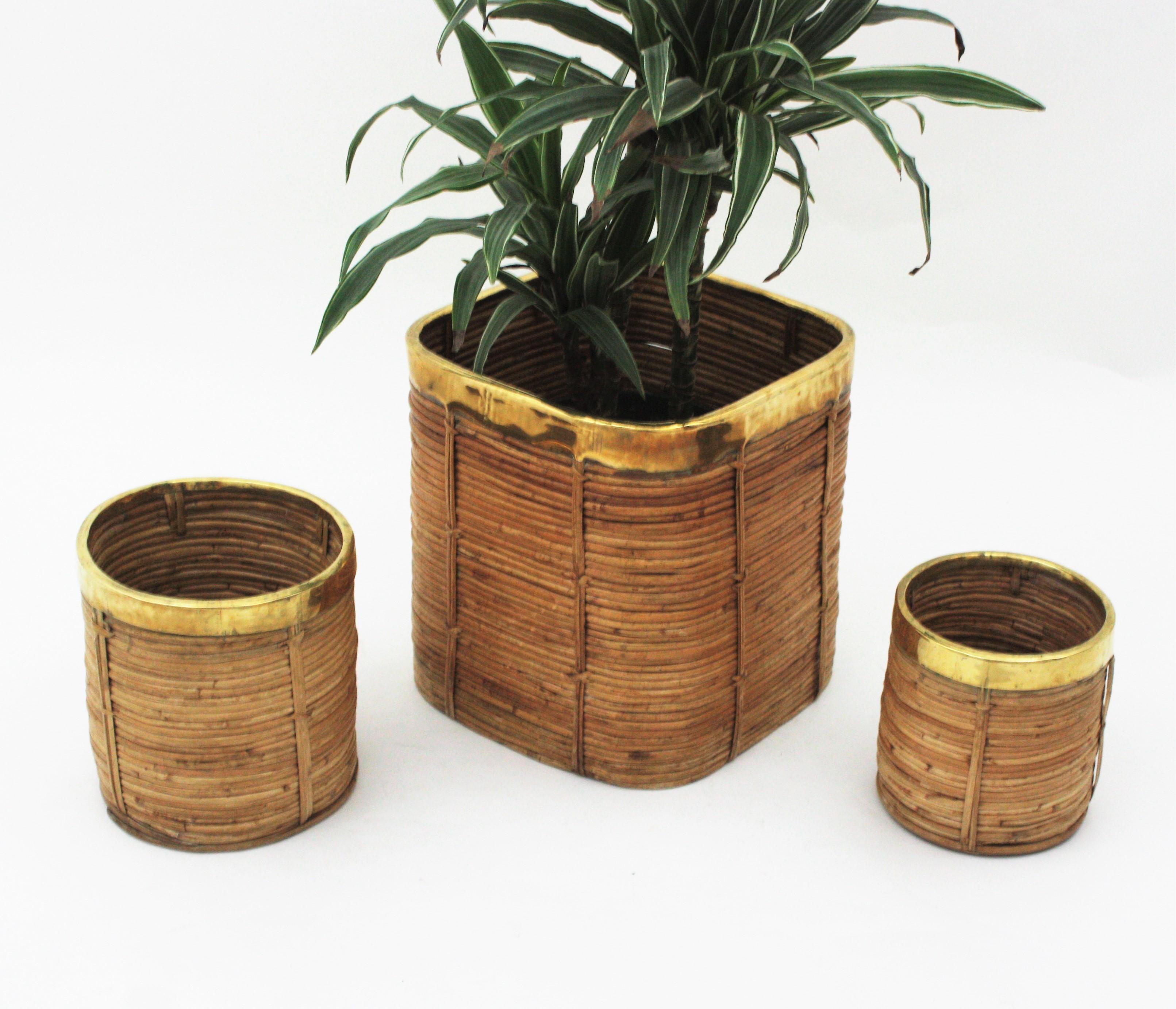 Mid-Century Modern Three Rattan Bamboo Planters / Baskets with Brass Rim, Italy, 1970s For Sale