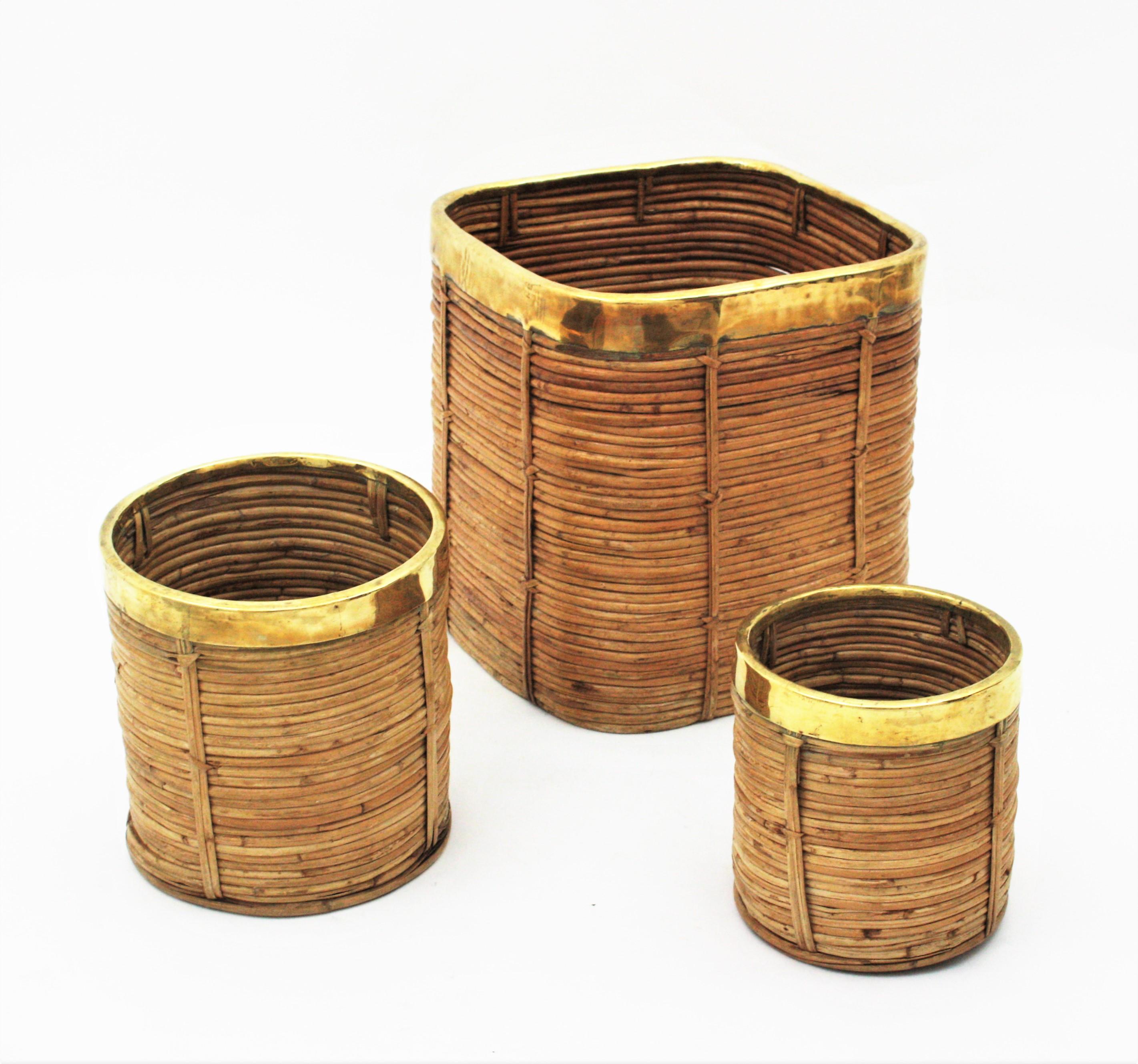 Italian Three Rattan Bamboo Planters / Baskets with Brass Rim, Italy, 1970s For Sale