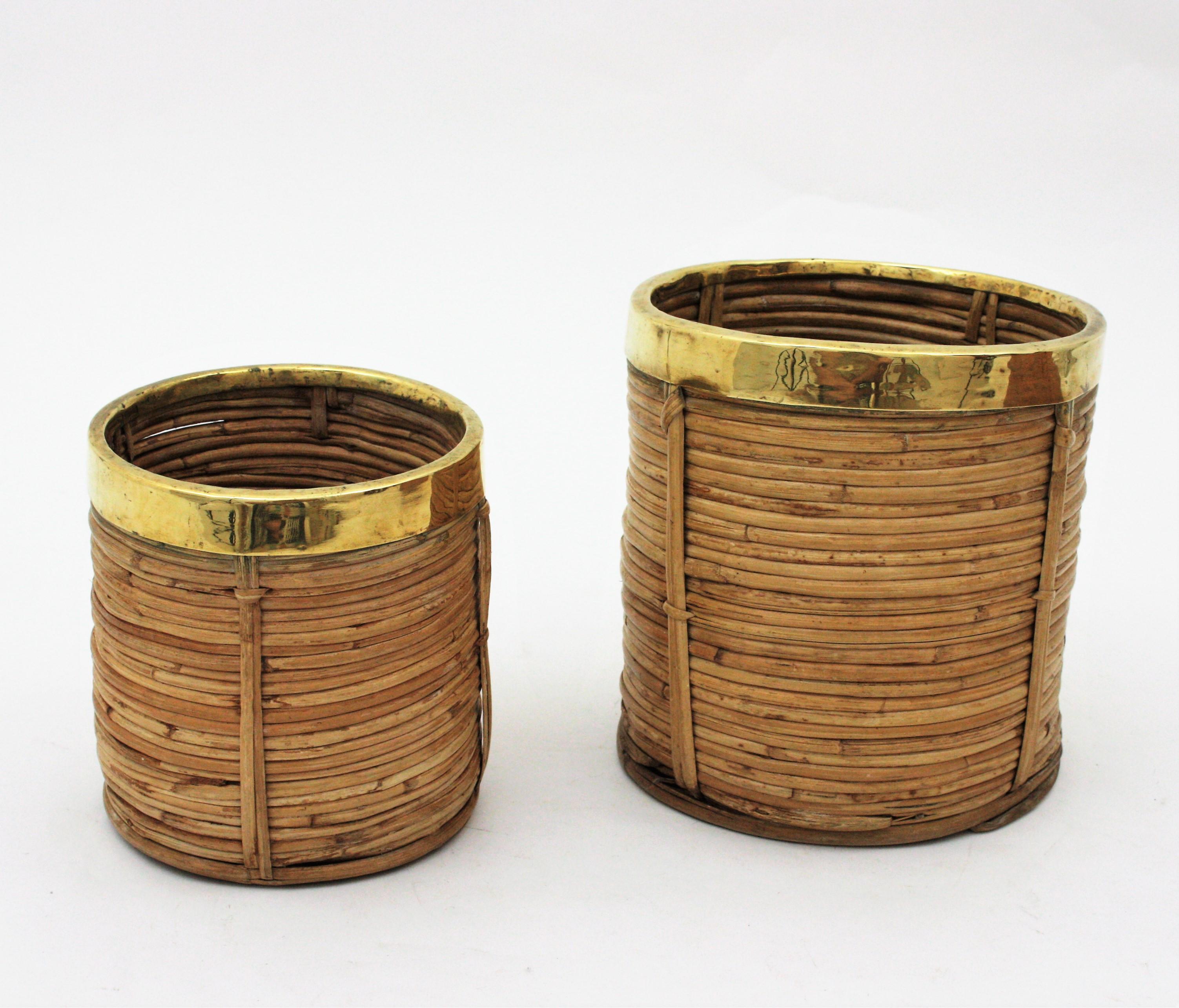 20th Century Three Rattan Bamboo Planters / Baskets with Brass Rim, Italy, 1970s For Sale