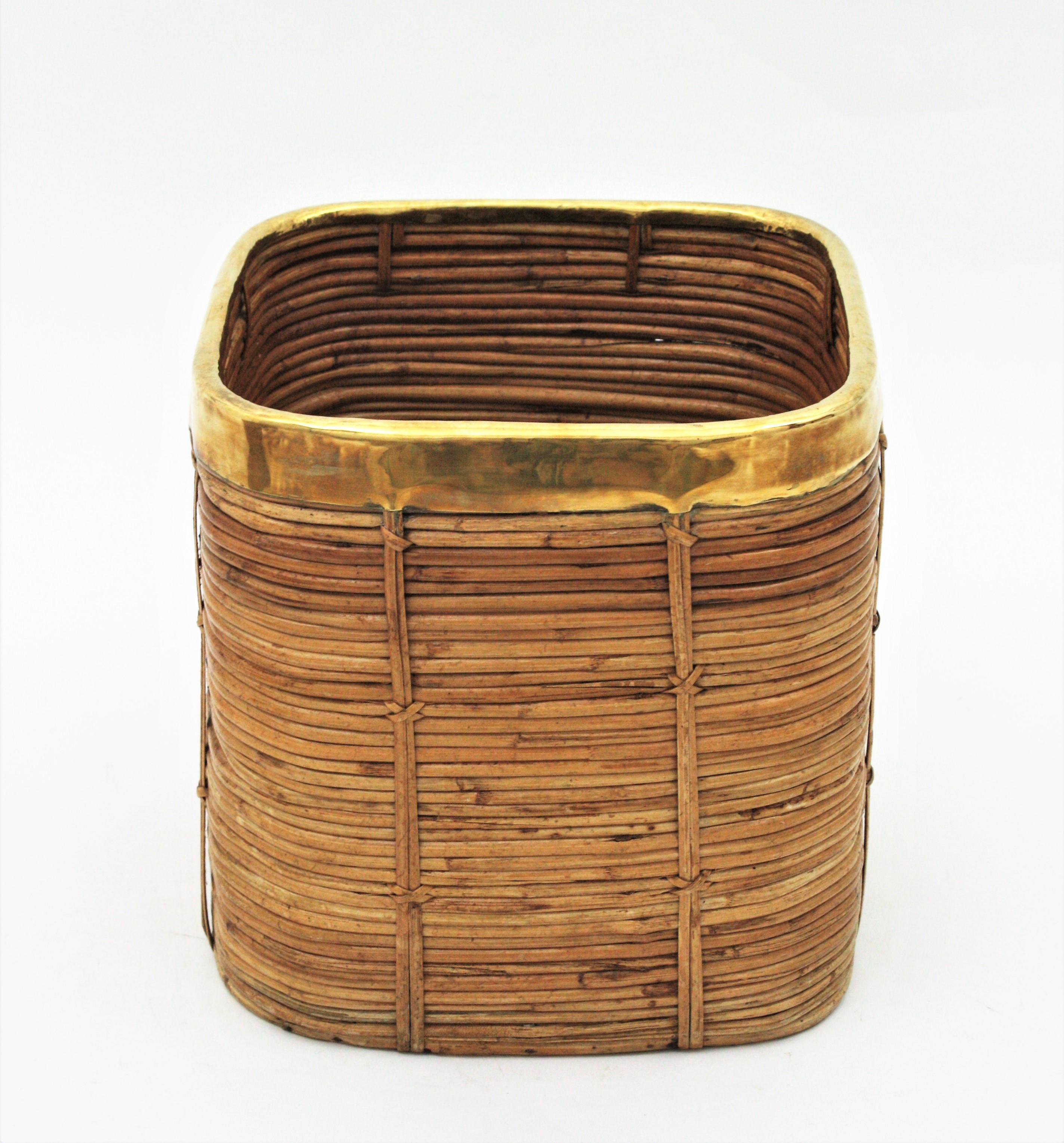 Three Rattan Bamboo Planters / Baskets with Brass Rim, Italy, 1970s For Sale 1