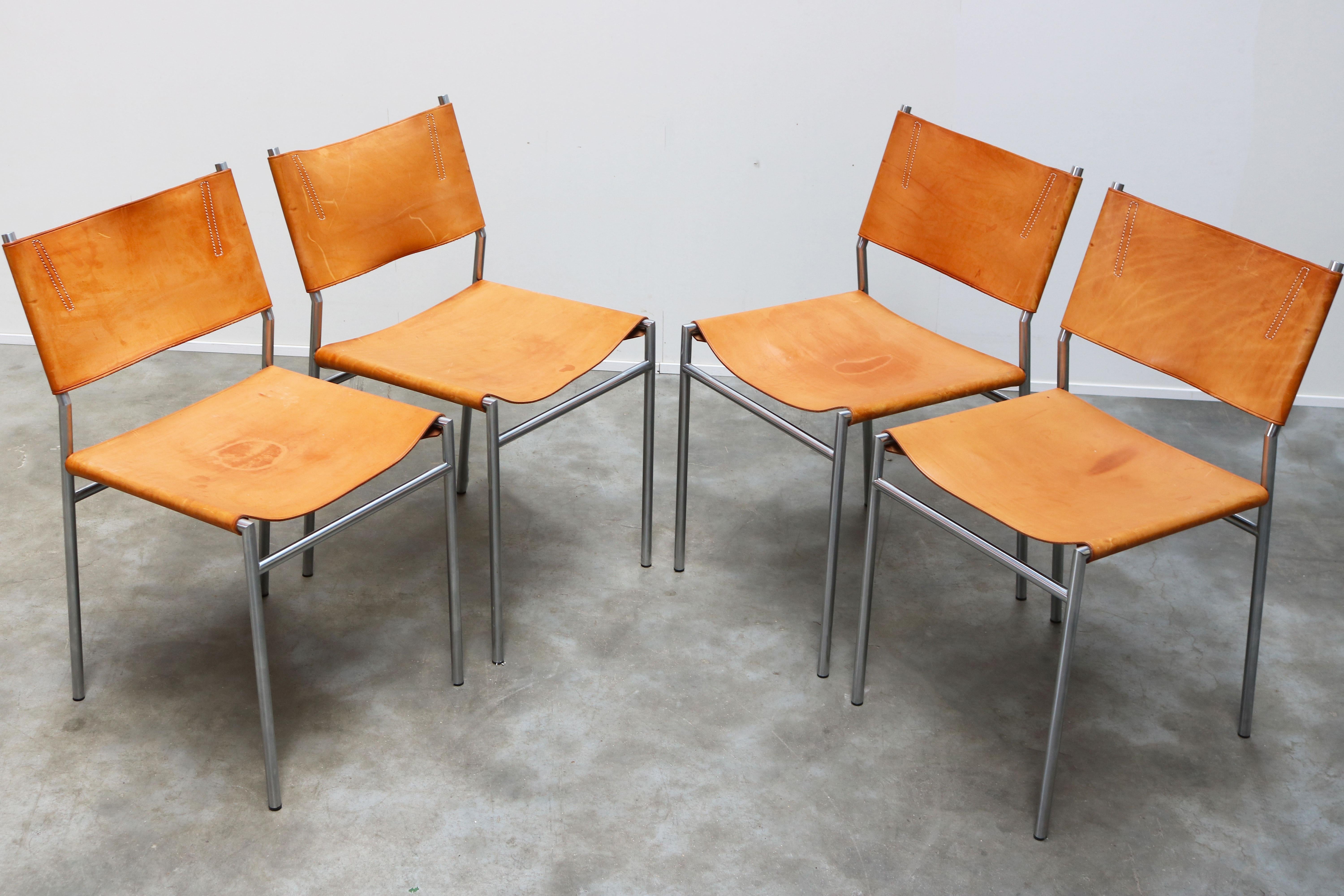 Se06 Chairs by Martin Visser for 'T Spectrum, 1962 Chrome, Gocnac Leather 'b' In Good Condition In Ijzendijke, NL