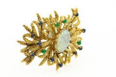 Sea Anemone Urchin Opal Emerald Sapphire Diamond Textured Gold Brooch Pendant