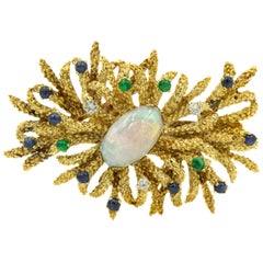 Sea Anemone Urchin Opal Emerald Sapphire Diamond Textured Gold Brooch Pendant