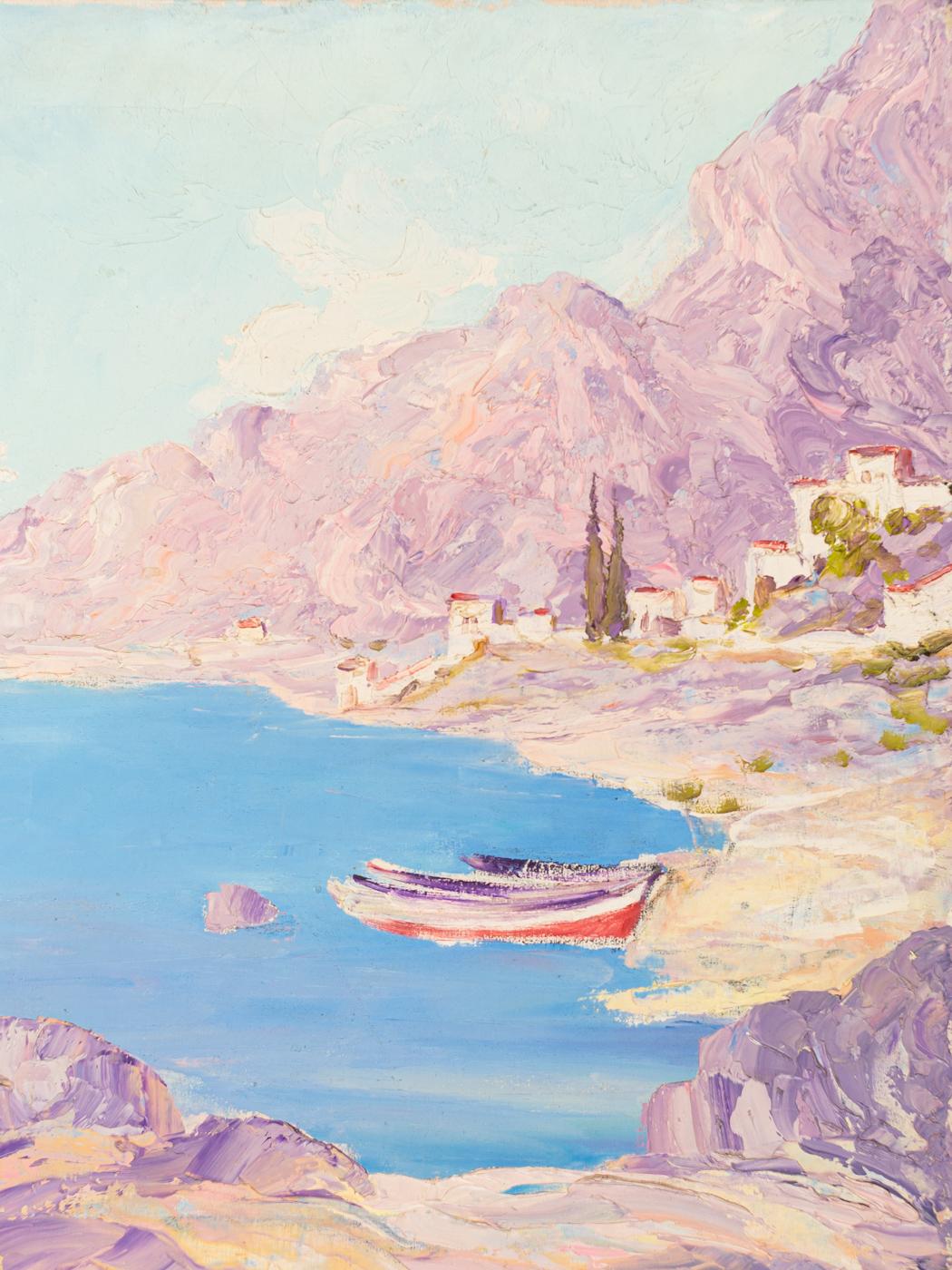 German Sea Bay Oil on Canvas Landscape Framed Ocean Boats Coast Area For Sale