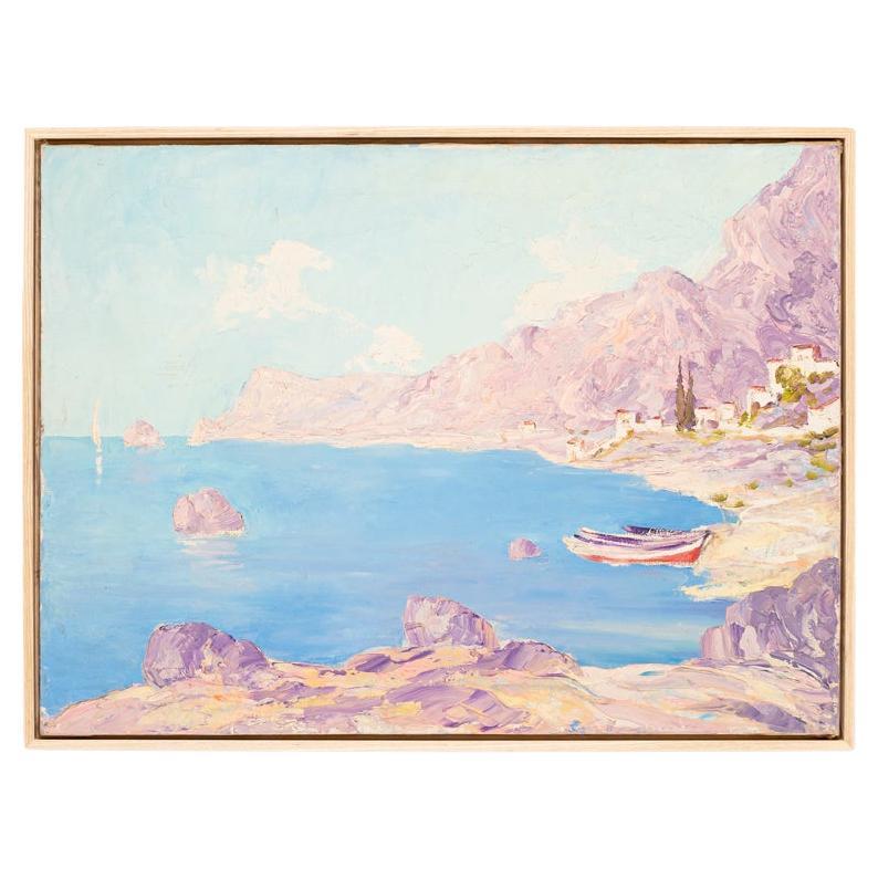 Sea Bay Oil on Canvas Landscape Framed Ocean Boats Coast Area For Sale