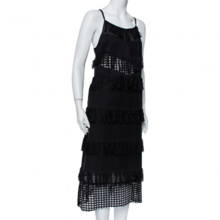 Women's Sea Black Cotton Cutwork Paneled Fringed Midi Dress M For Sale