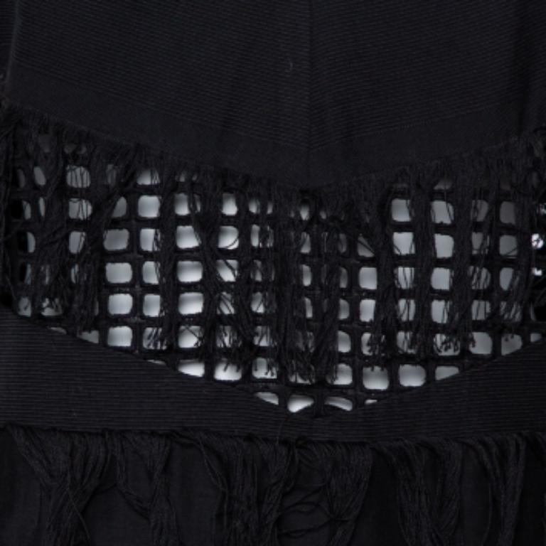 Sea Black Cotton Cutwork Paneled Fringed Midi Dress M For Sale 2