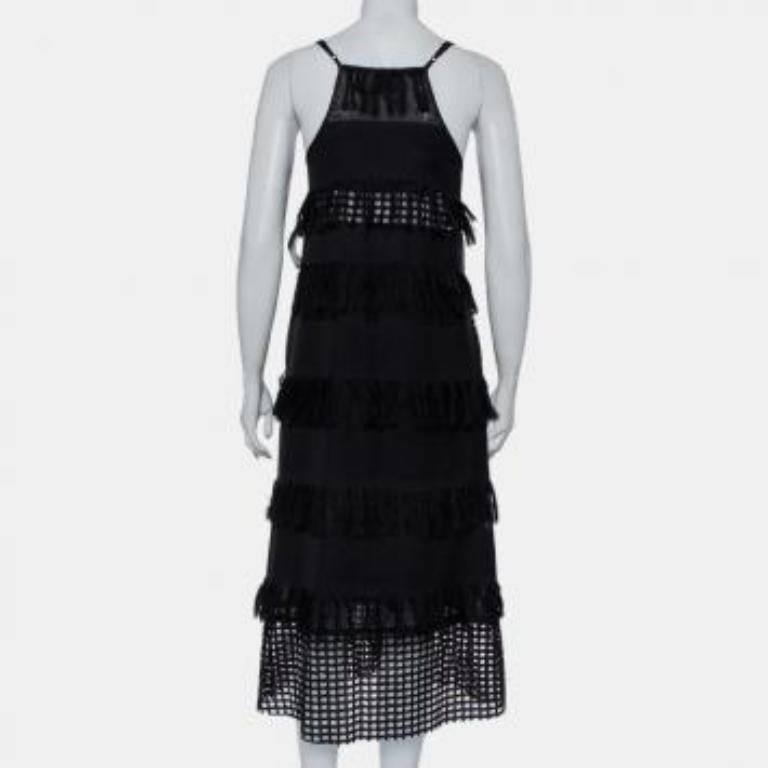 Sea Black Cotton Cutwork Paneled Fringed Midi Dress M For Sale 3