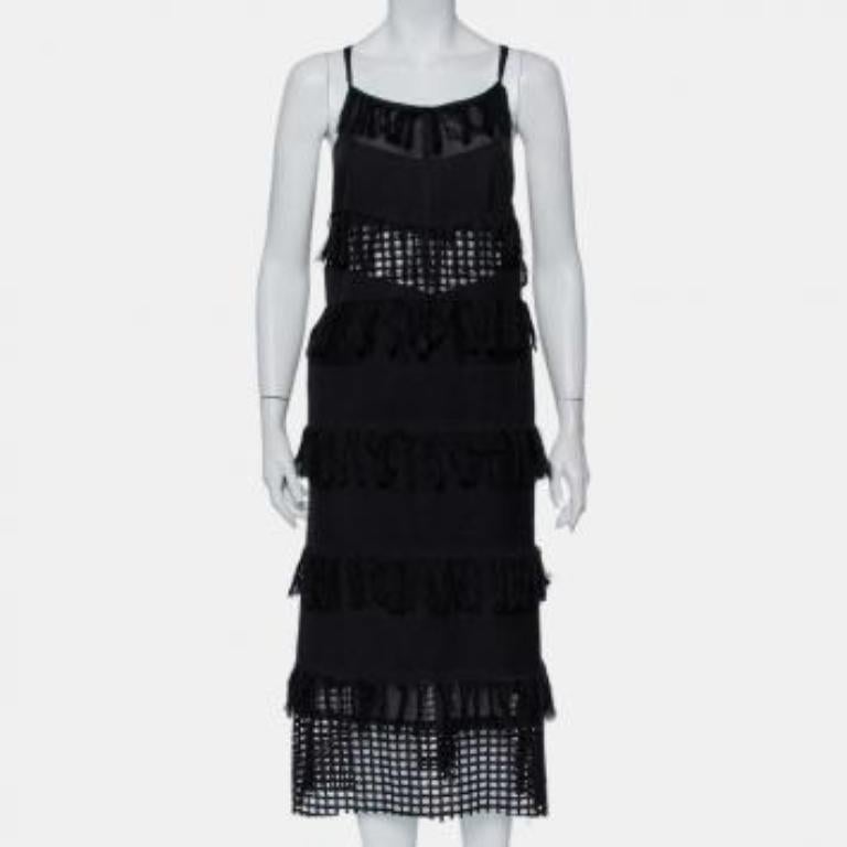 Sea Black Cotton Cutwork Paneled Fringed Midi Dress M For Sale 4