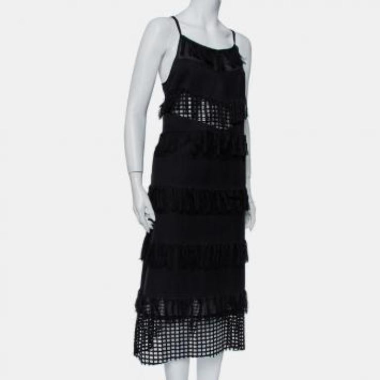 Sea Black Cotton Cutwork Paneled Fringed Midi Dress M For Sale 5