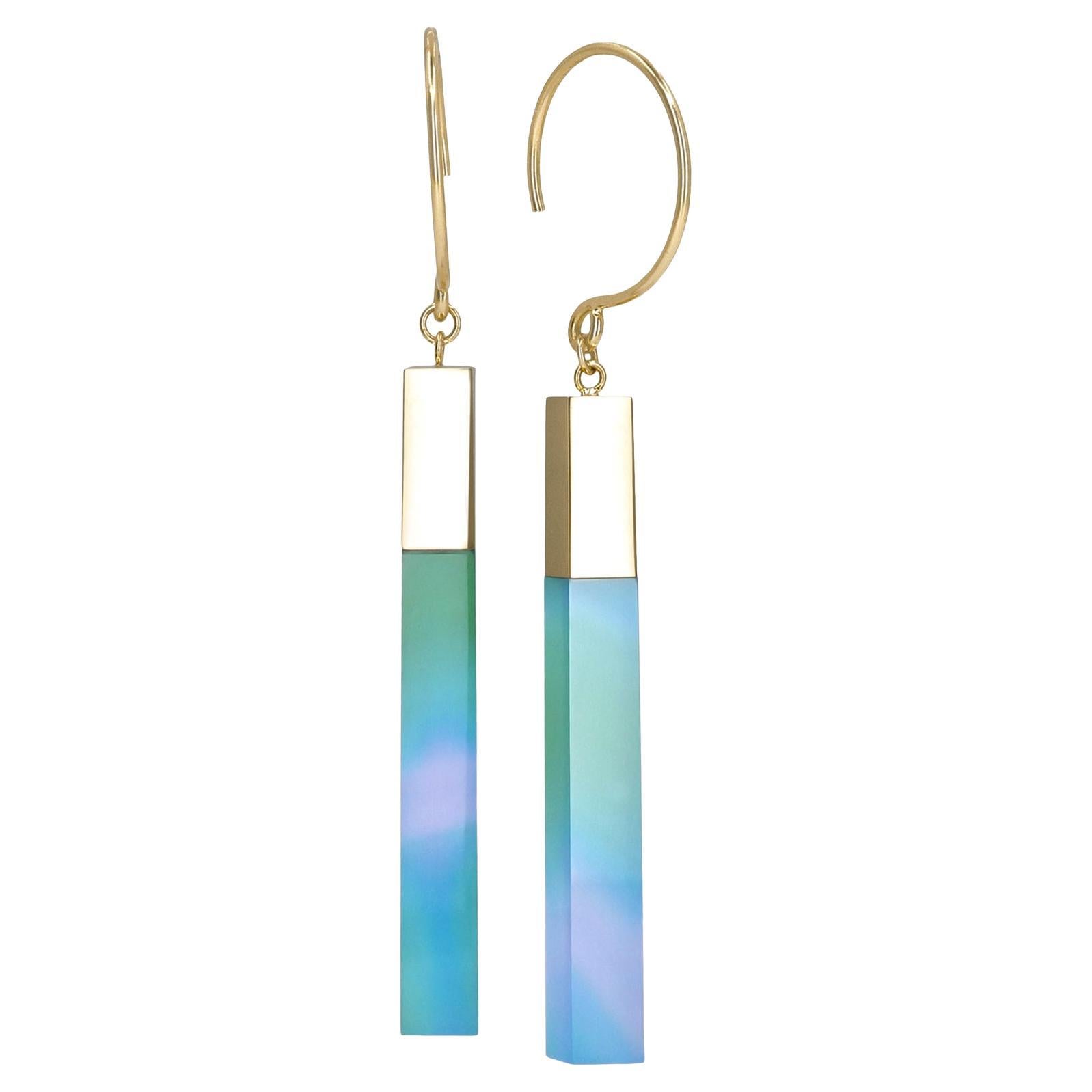 Sea Blue Chalcedony One of a Kind Gold Stick Drop Earrings, Talkative, 2024
