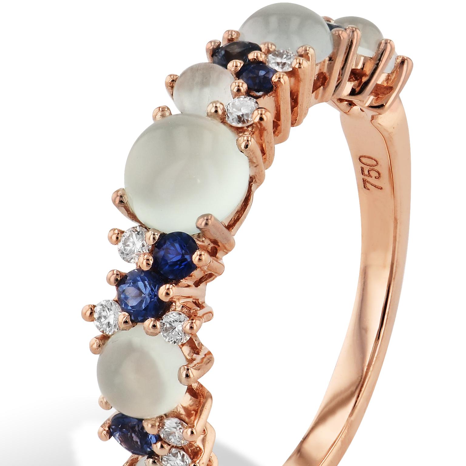 Sea Blue Chalcedony Rose Gold Ring with Diamonds and Sapphires In Excellent Condition In Miami, FL