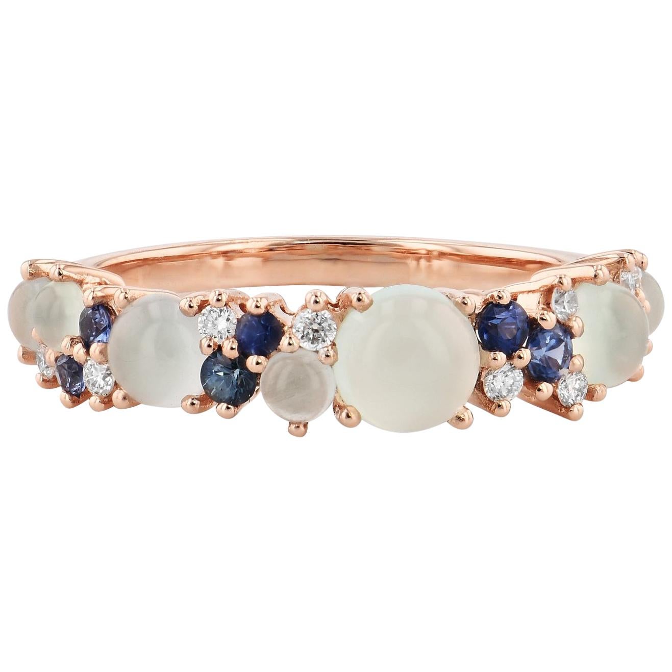 Sea Blue Chalcedony Rose Gold Ring with Diamonds and Sapphires