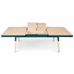 Mesa rectangular extensible azul marino de diseño francés en madera maciza, hecha a mano