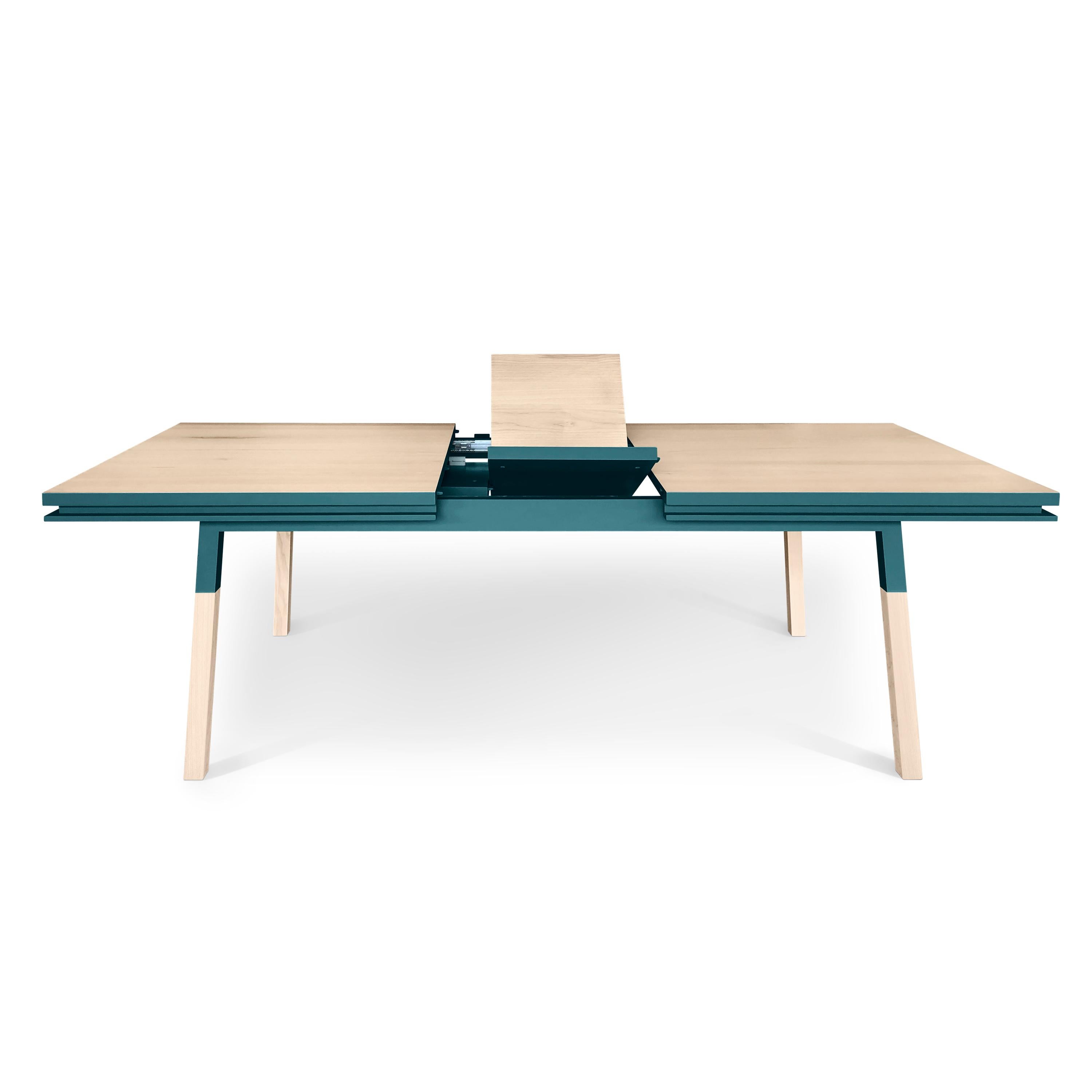 Scandinavian Modern Sea Blue Extensible Design Table, 100% Solid Wood and Customizable For Sale