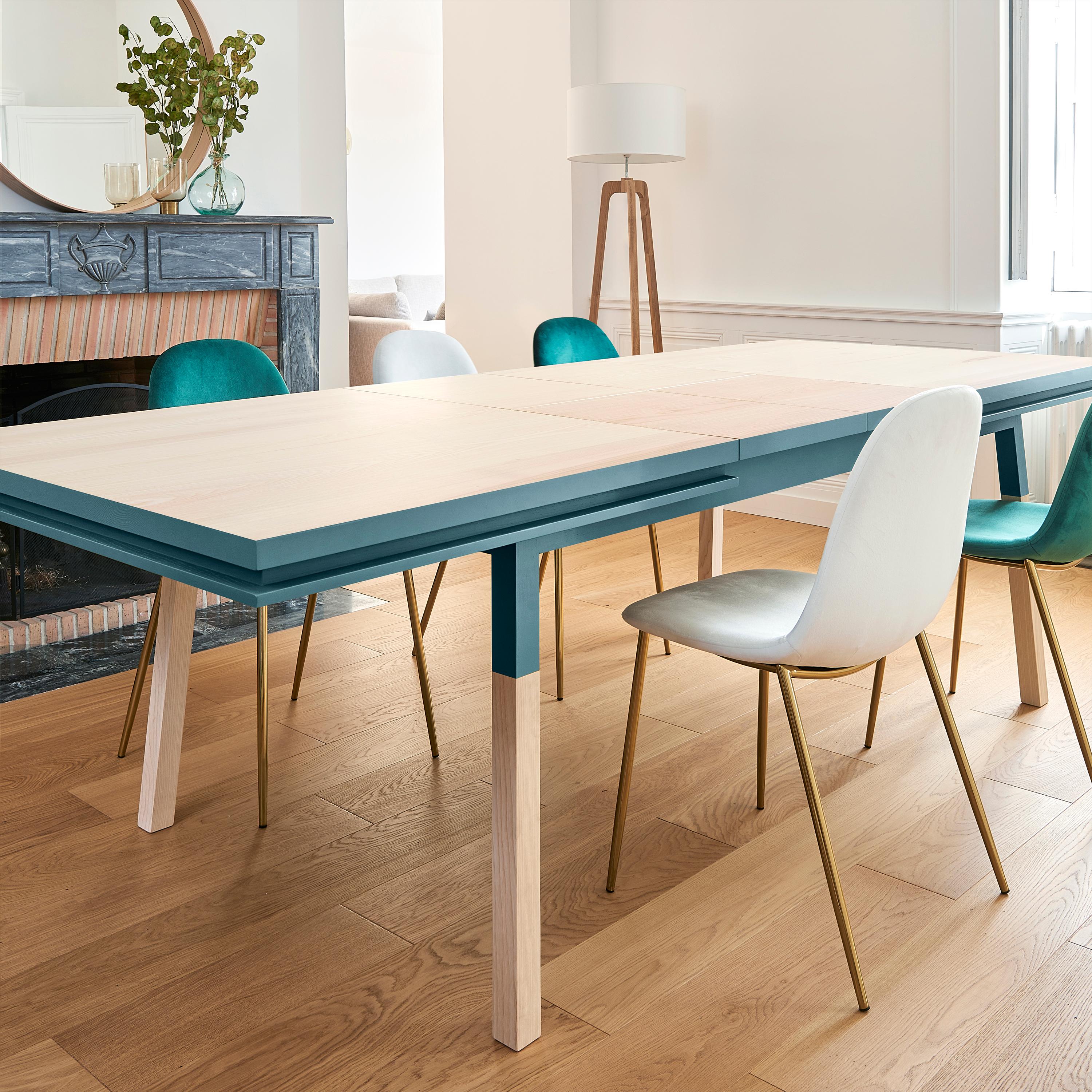 Hand-Crafted Sea Blue Extensible Design Table, 100% Solid Wood and Customizable For Sale