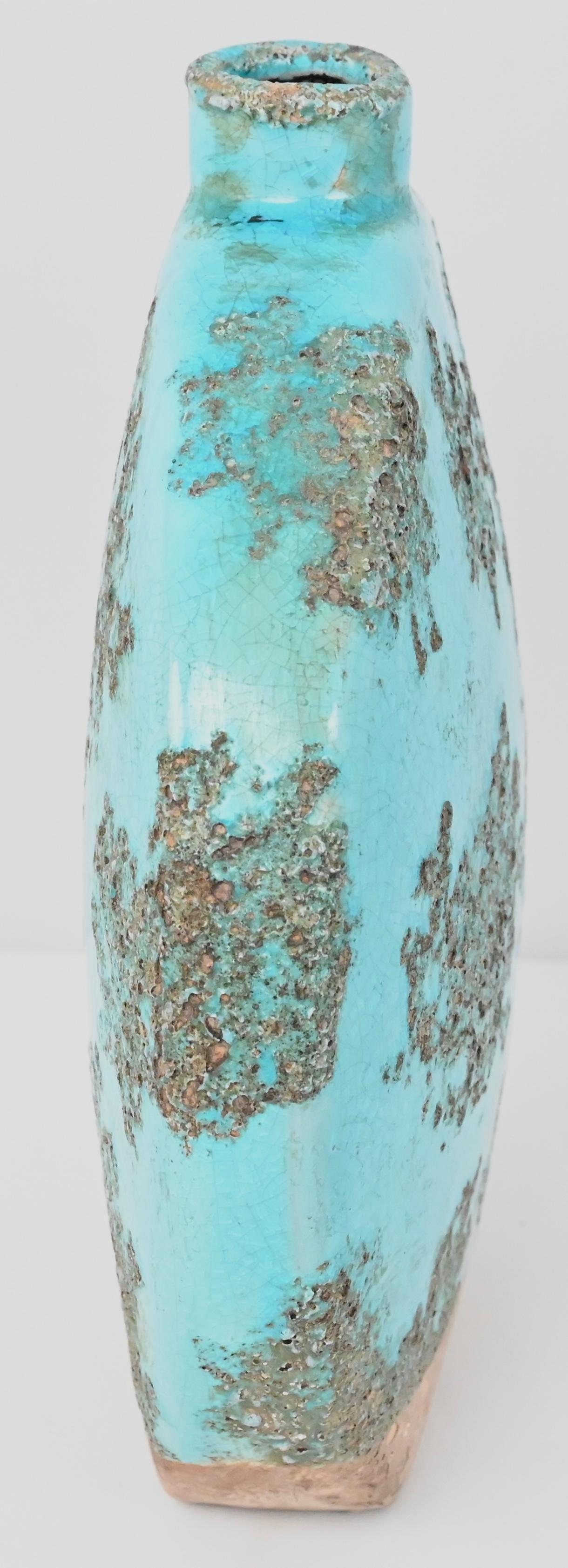 Hand-Crafted French Handcrafted Ceramic Vase Fat Lava Style Stem Vase, Turquoise For Sale