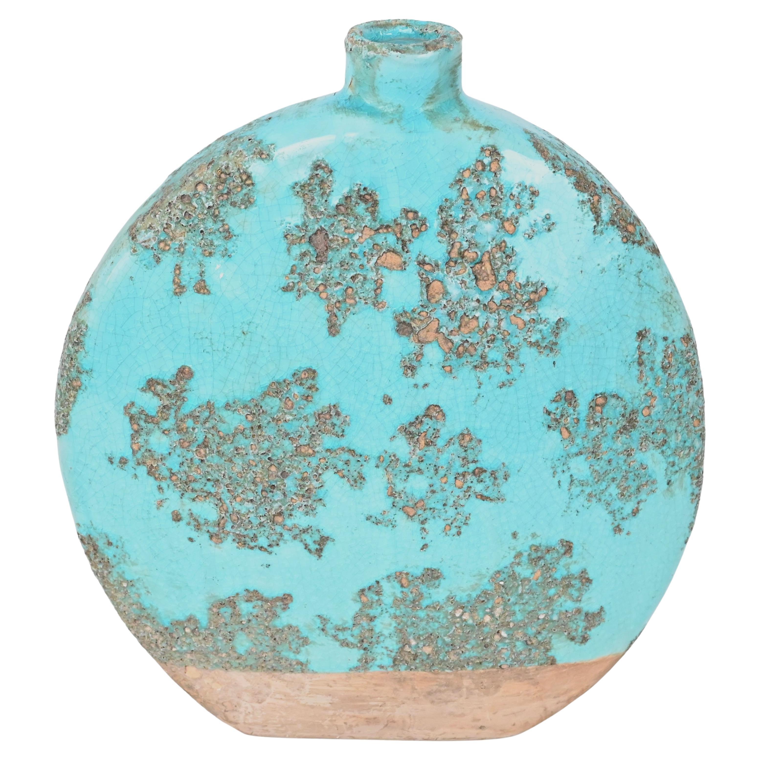 French Handcrafted Ceramic Vase Fat Lava Style Stem Vase, Turquoise For Sale