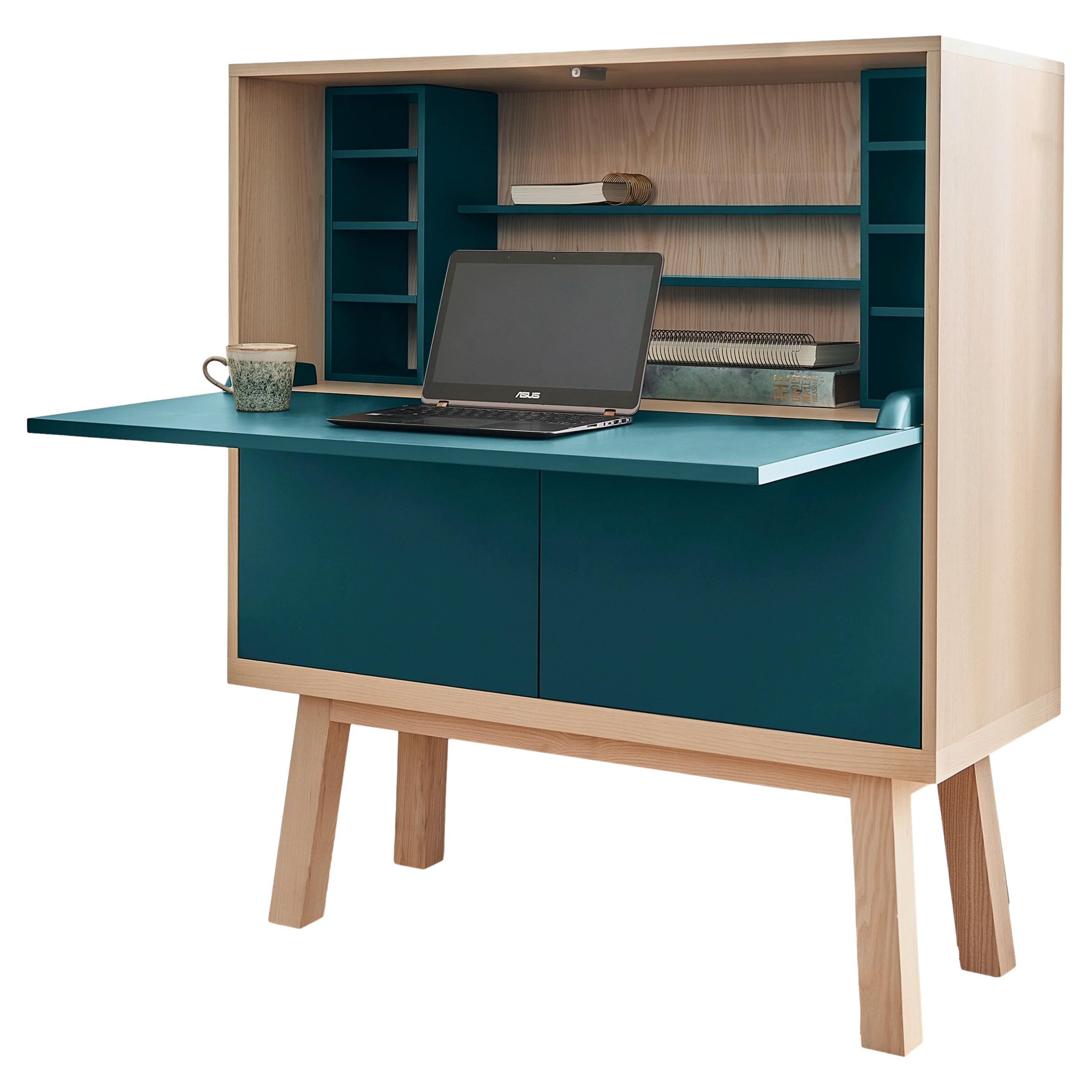 Sea Blue Large and Design Secretaire in Ash Wood by Eric Gizard, Paris For Sale