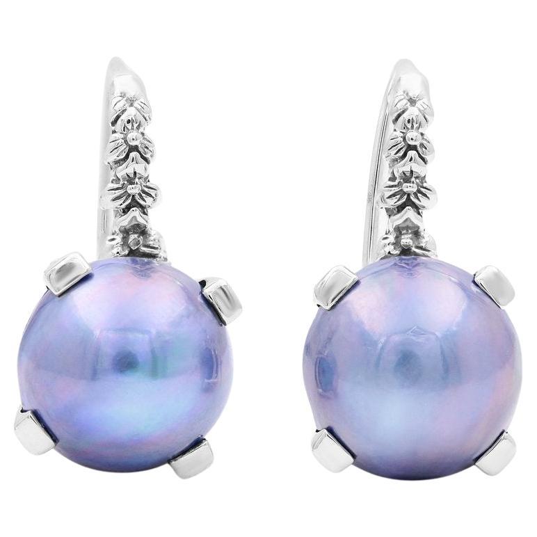 Sea Blue Pearl Earrings in Sterling Silver For Sale