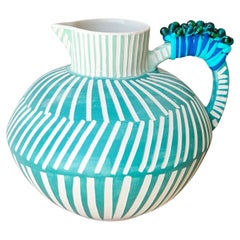 Sea Blue Whimsical Handmade Ceramic Jug Pitcher Vase from Portugal