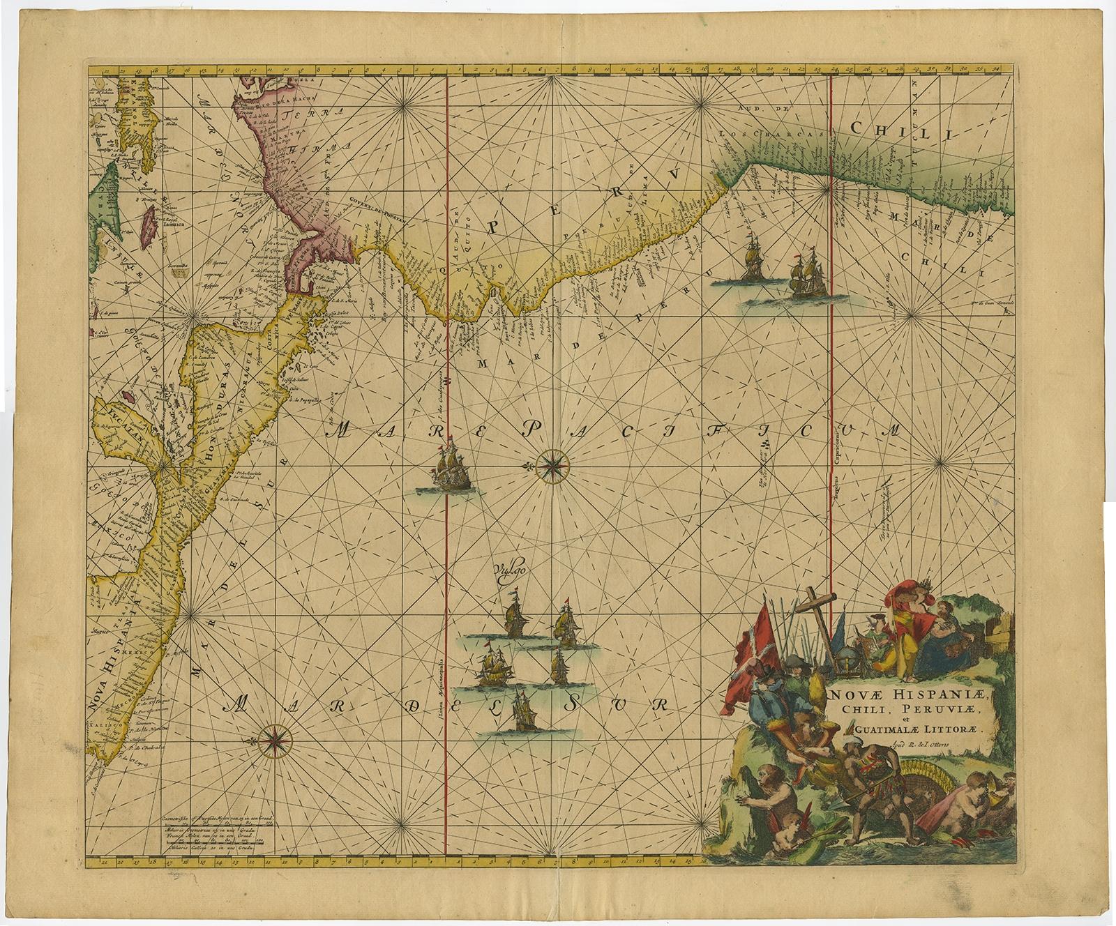 Antique map titled 'Novae Hispaniae, Chili, Peruviae et Guatamala Littorae.' 

Sea chart of Central America and the northwest coast of South America, oriented to the east, by Reinier & Joshua Ottens (after Frederick de Wit - 1675) in 1745 ('Atlas