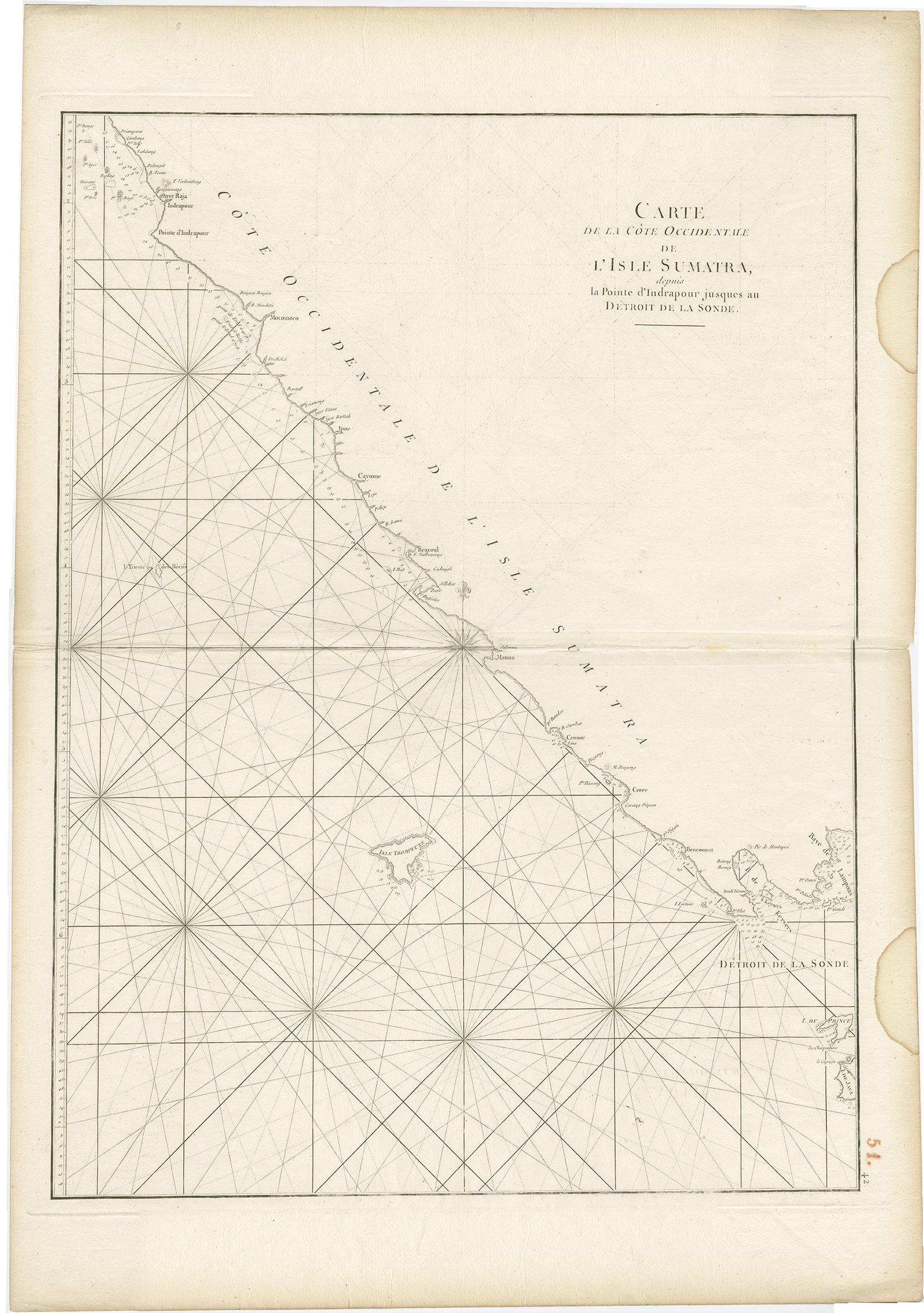 Antike Karte mit dem Titel 'Carte de la Côte Occidentale de l'Isle Sumatra'. Seekarte des Teils der Südwestküste von Sumatra mit den Inseln Nassau (Nias) und Fortune.

Künstler und Graveure: D' Après de Mannevillette (1707-1780) war ein berühmter