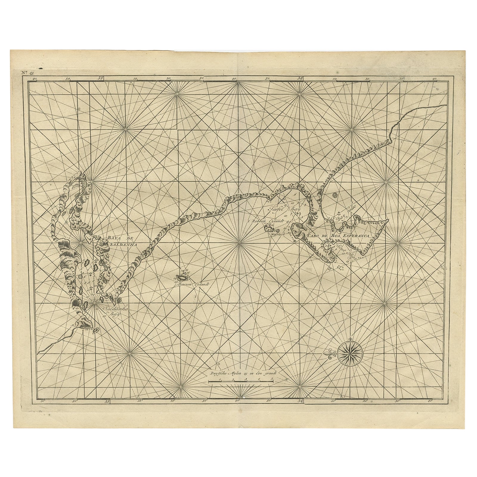 Carte des mers intitulée « Baya de Saldanha » avec l'île de Robben en Afrique du Sud, 1726
