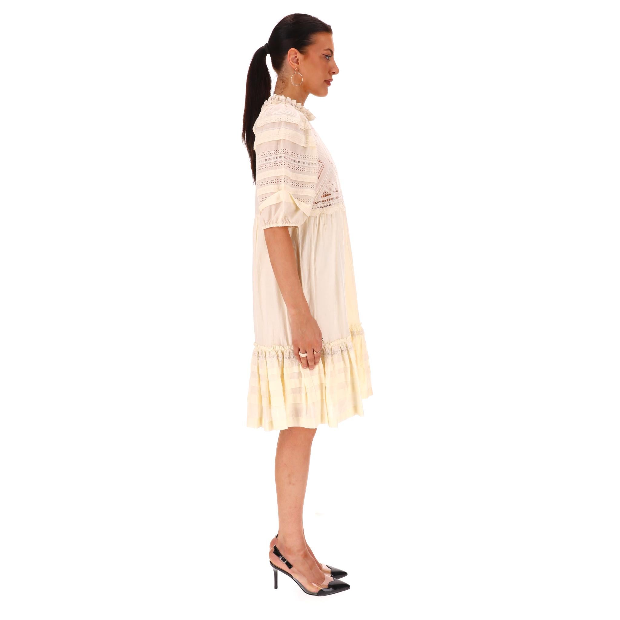 White Sea Cotton Ruffle Embroidered Tiered Dress For Sale