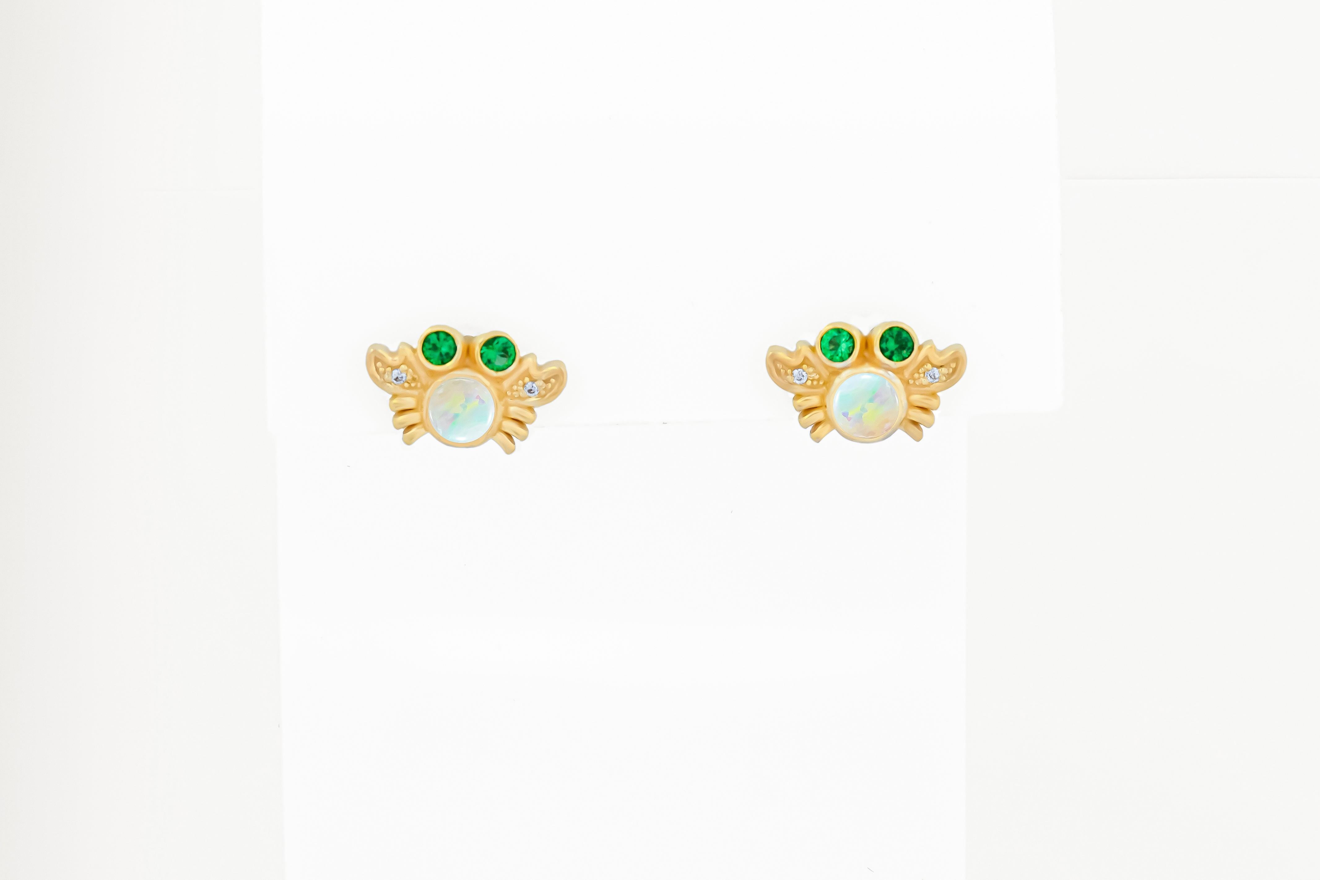 Women's Sea Crab earrings studs with opals in 14k gold.  For Sale