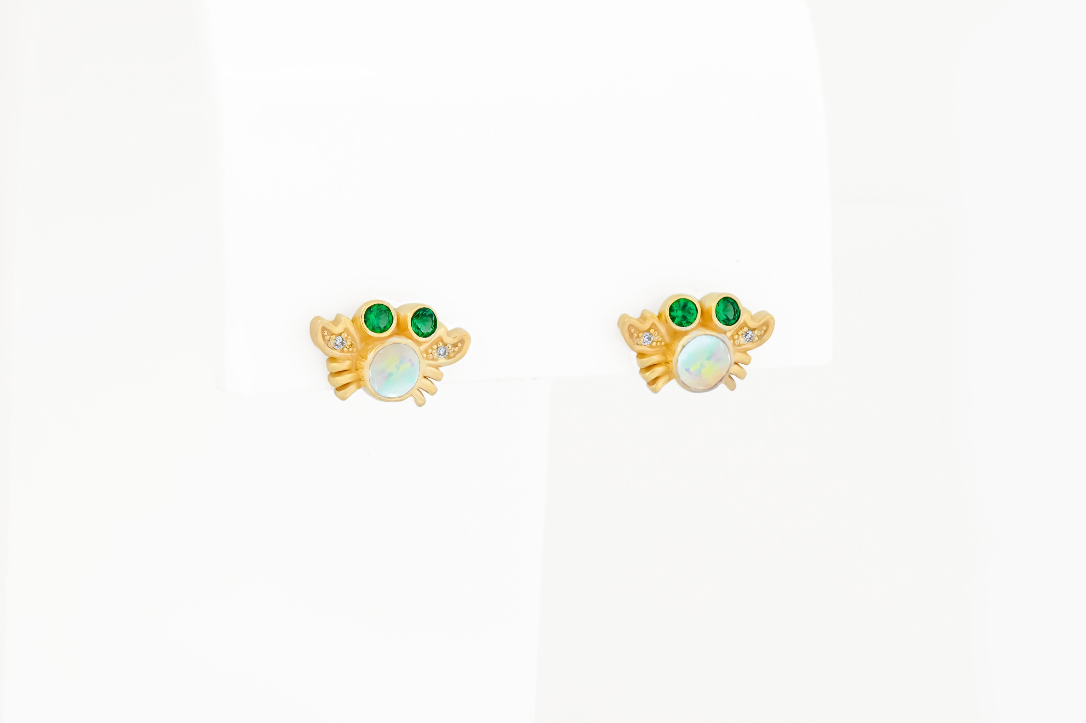 Sea Crab earrings studs with opals in 14k gold.  For Sale 1