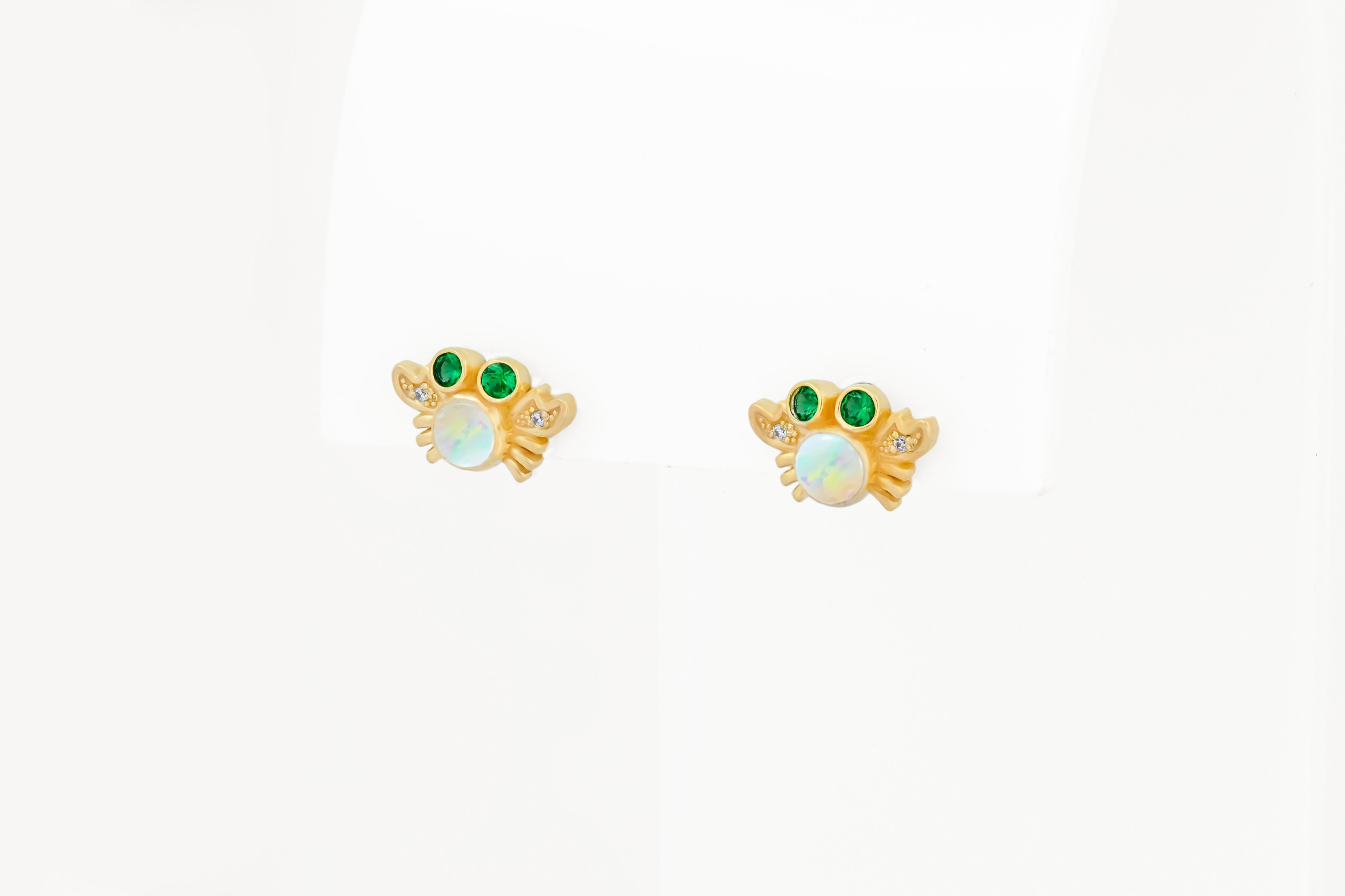 Sea Crab earrings studs with opals in 14k gold.  For Sale 2