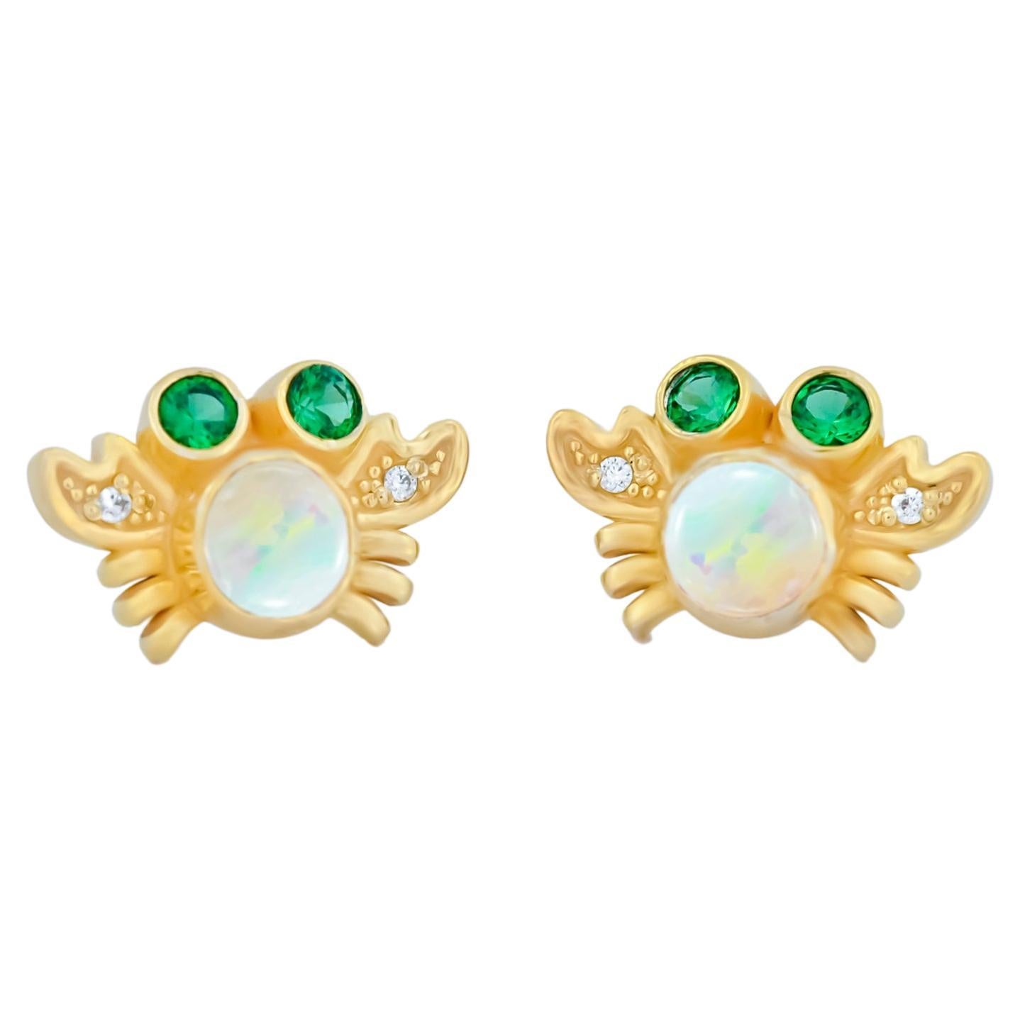 Sea Crab earrings studs with opals in 14k gold.  For Sale