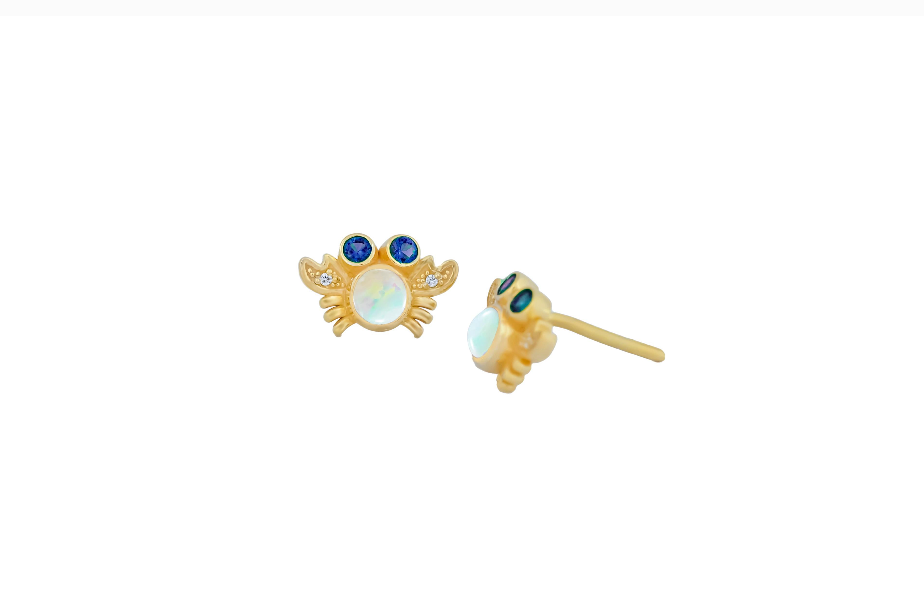 Sea Crab set: earrings studs and ring with opals in 14k gold. 4