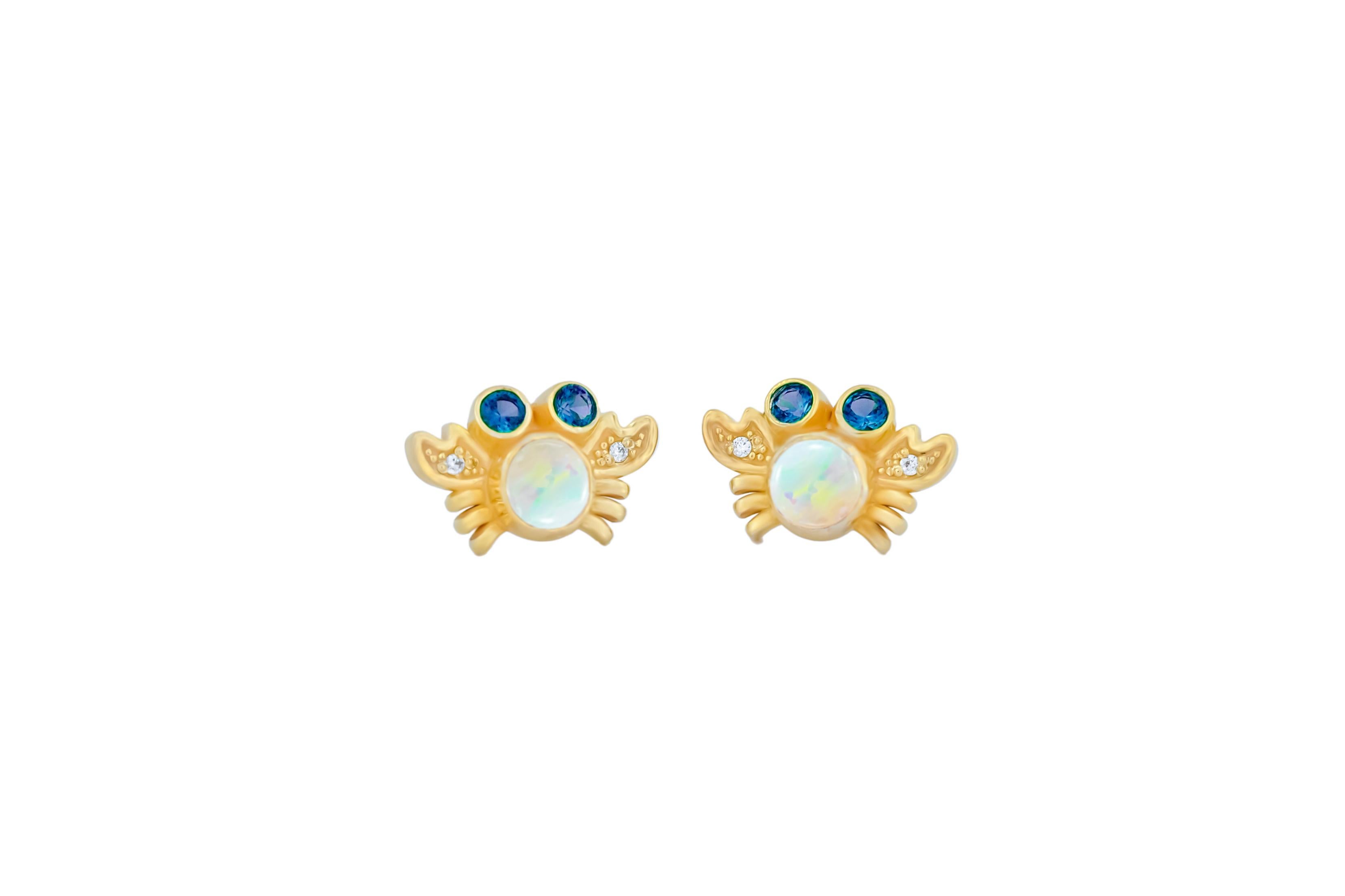 Sea Crab set: earrings studs and ring with opals in 14k gold.  For Sale 1