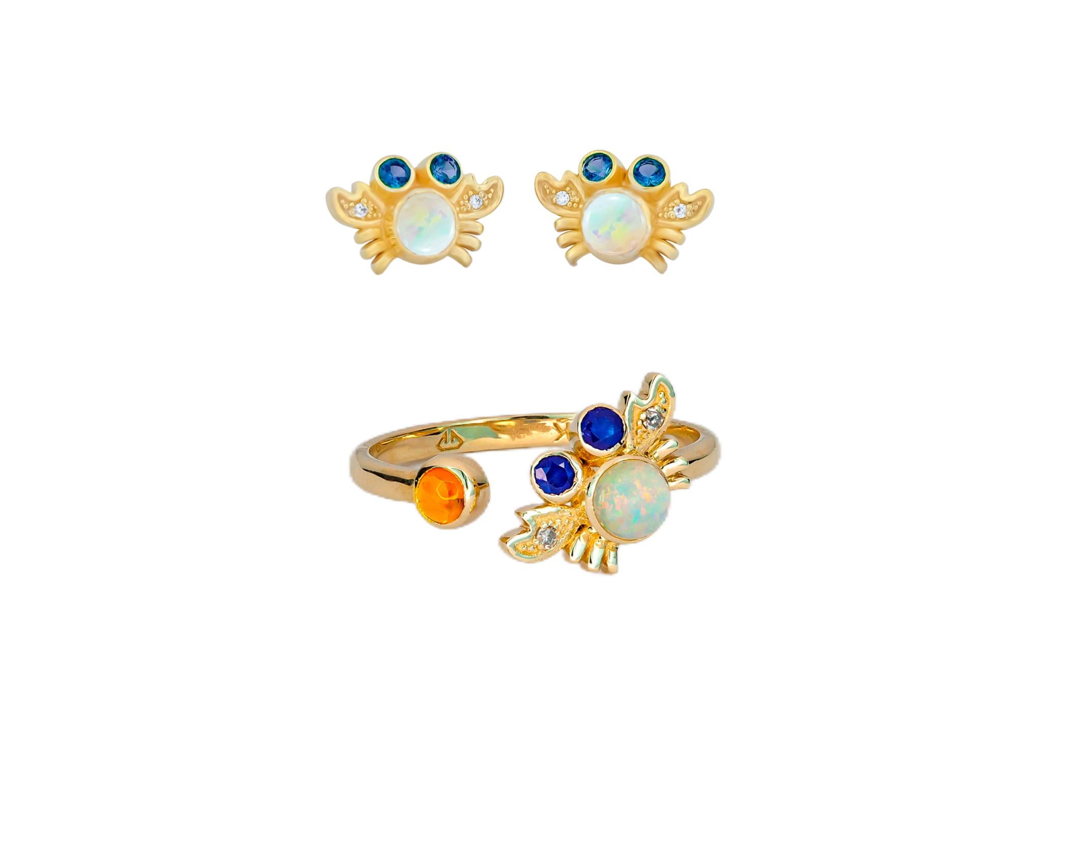 Sea Crab set: earrings studs and ring with opals in 14k gold. 2