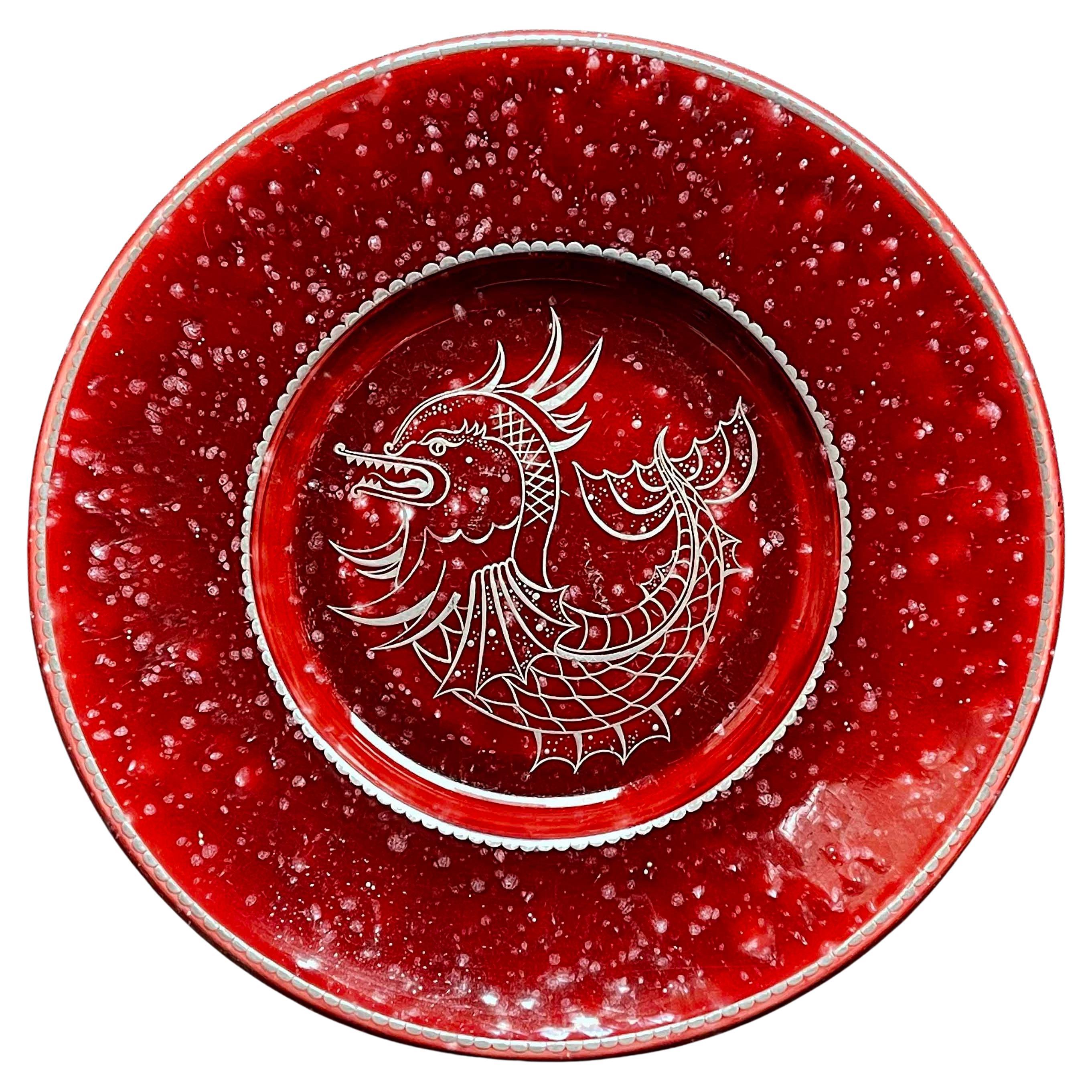 "Sea Dragon", Art Deco Low Bowl w/ Silver Overlay in Rare Red Glaze, Argenta For Sale