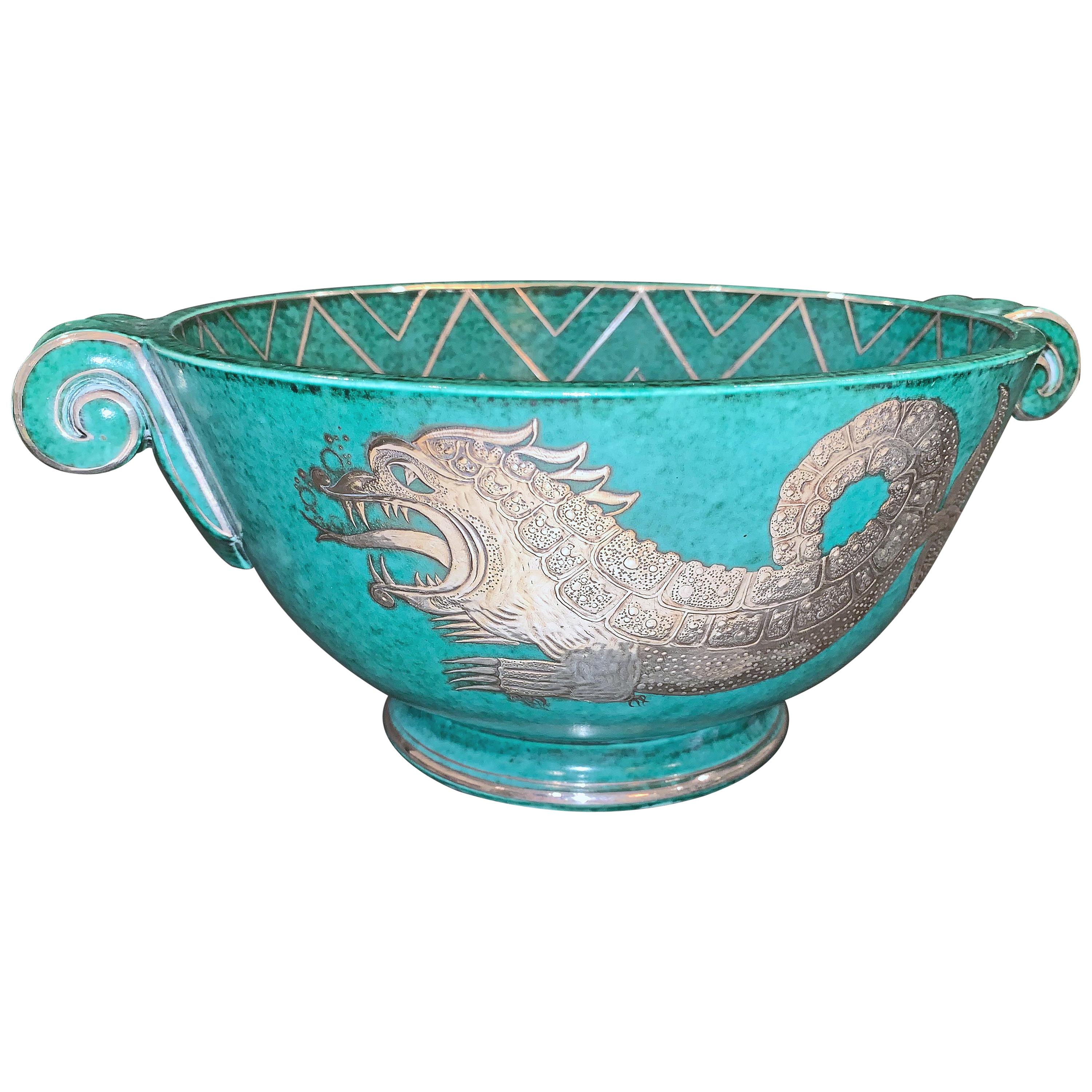 "Sea Dragon with Chevrons, " Large, Unique Art Deco Bowl by Kåge for Gustavsberg