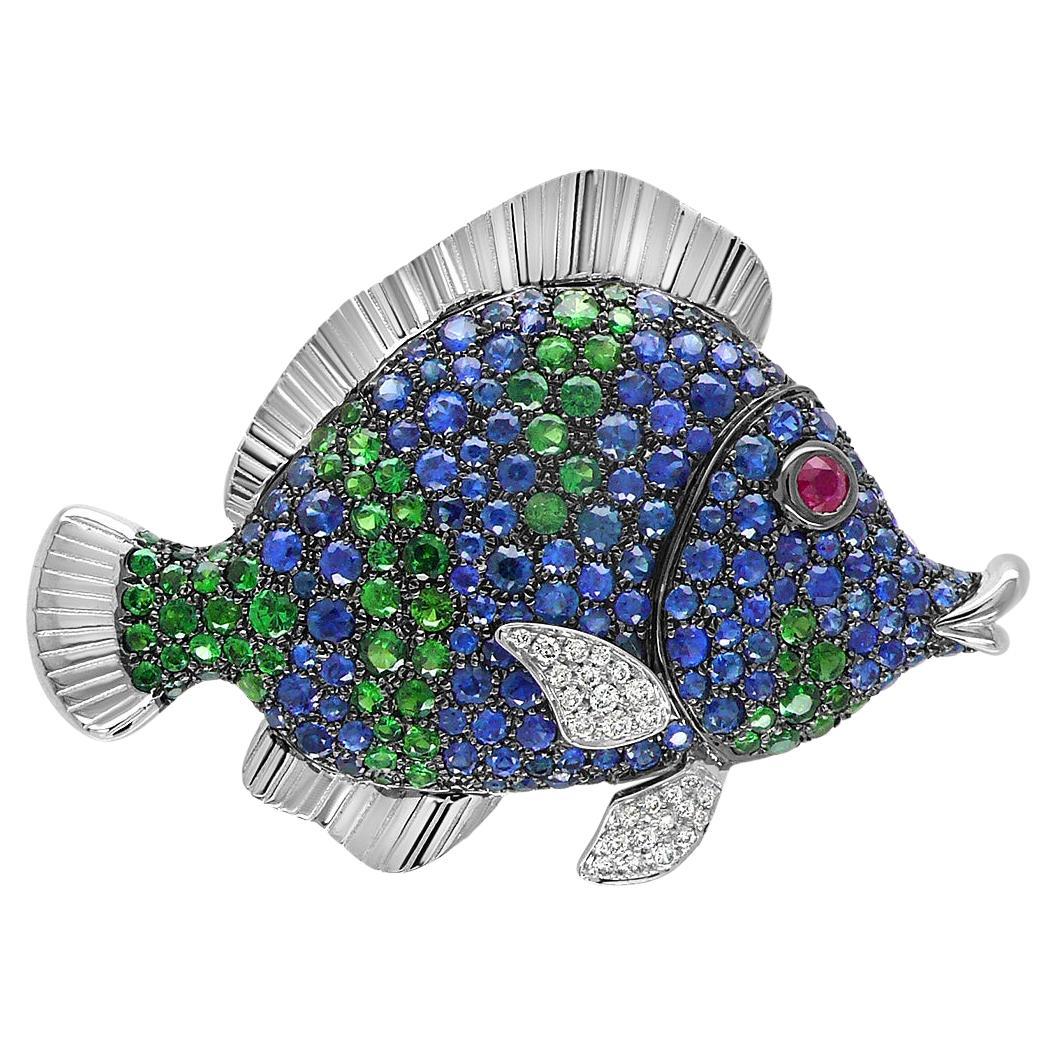 Sea Fish Blue Sapphire Diamond Green Garnet & Ruby 18K White Gold Pin Brooch