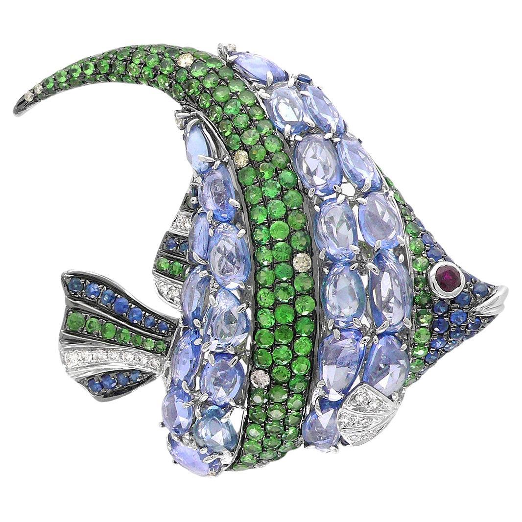 Seefisch Blauer Saphir Diamant Grüner Granat
Rubin 18K Weißgold Pin Brosche