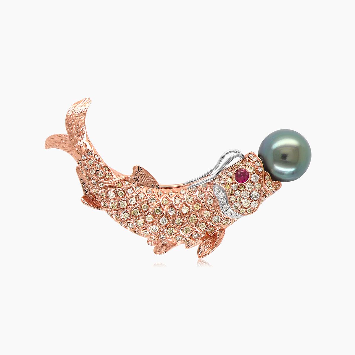 Sea Fish Diamond Pave Black Pearl & Ruby 18K Rose Gold Pin Brooch In New Condition For Sale In Oakton, VA