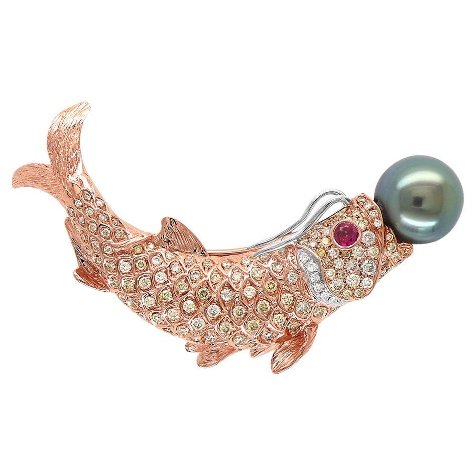 Sea Fish Diamond Pave Black Pearl & Ruby 18K Rose Gold Pin Brooch For Sale