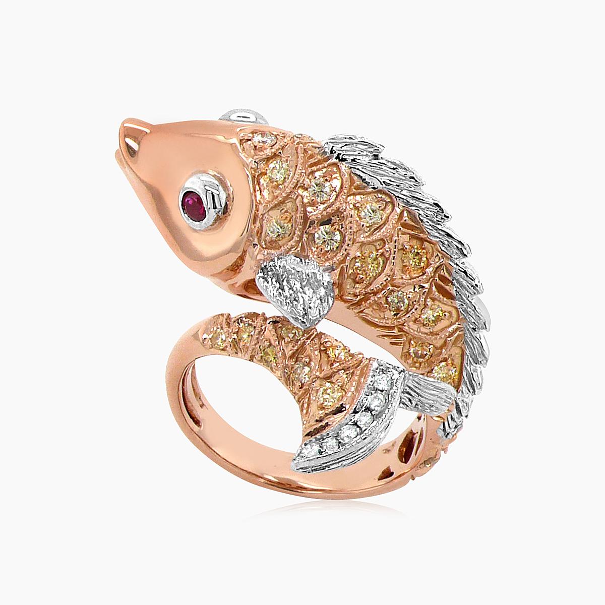 Sea Fish Diamond Pave Ruby 18K Rose & White Gold Animal Ring In New Condition For Sale In Oakton, VA