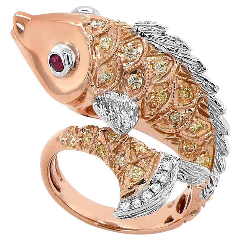 Sea Fish Diamond Pave Ruby 18K Rose & White Gold Animal Ring