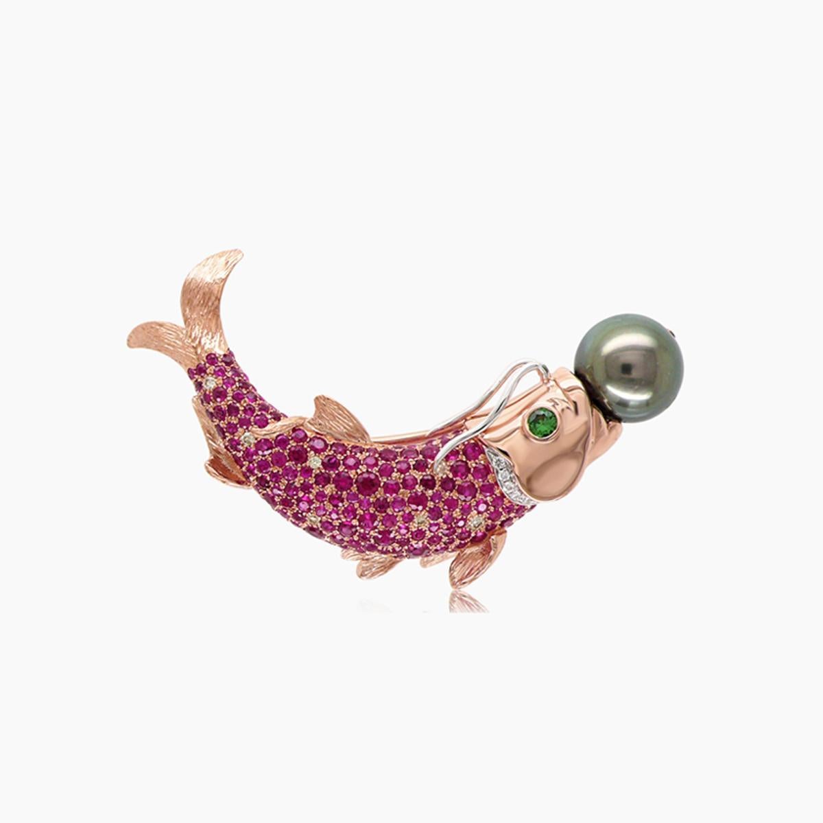 Mixed Cut Sea Fish Diamonds Pave Pink Ruby & Black Pearl 18K Rose Gold Pin Brooch For Sale