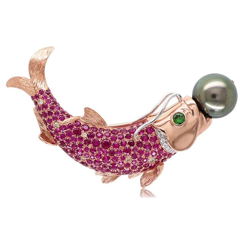 Sea Fish Diamonds Pave Pink Ruby & Black Pearl 18K Rose Gold Pin Brooch