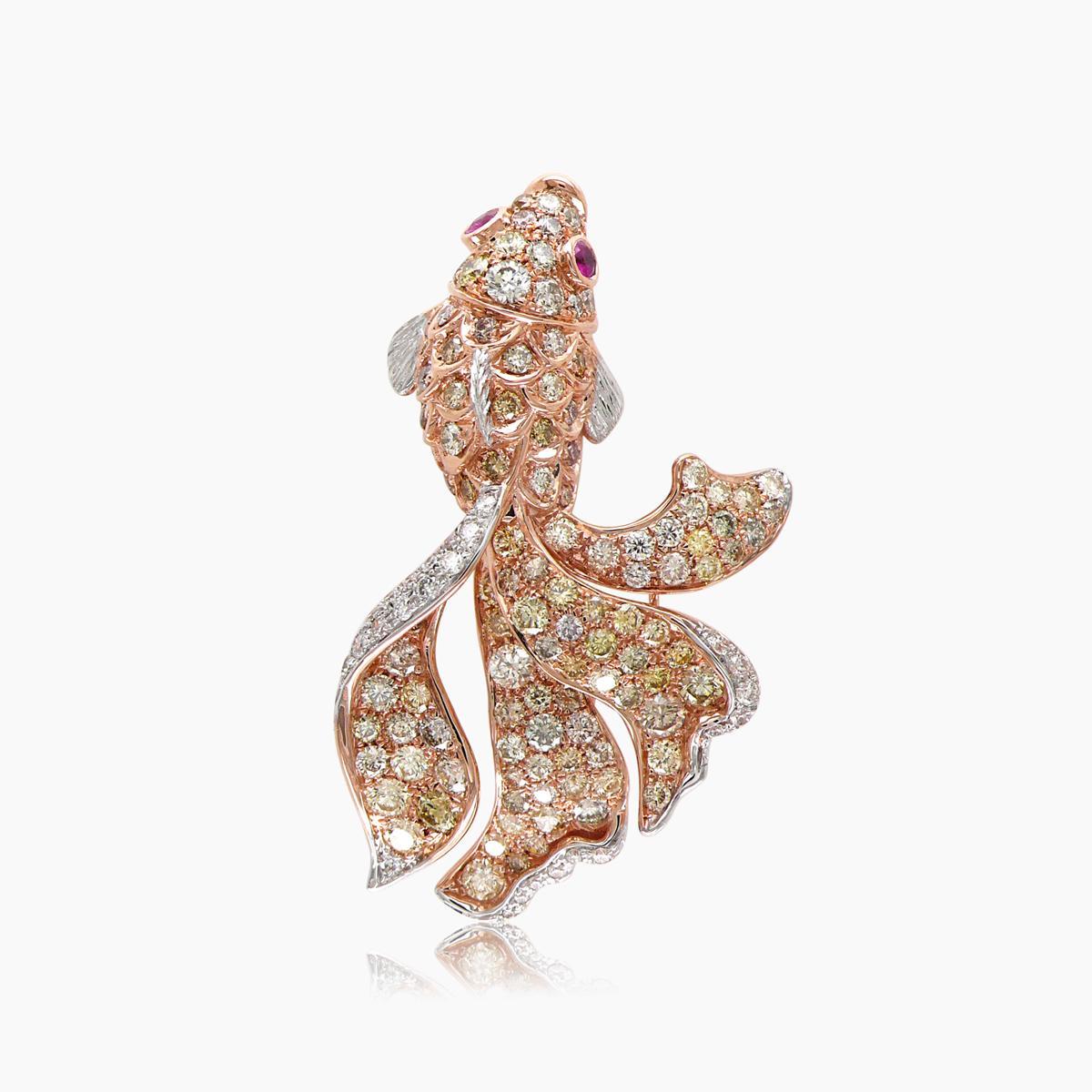 Mixed Cut Sea Fish White Yellow Diamond Pave & Ruby 18K Rose Gold Animal Ring For Sale